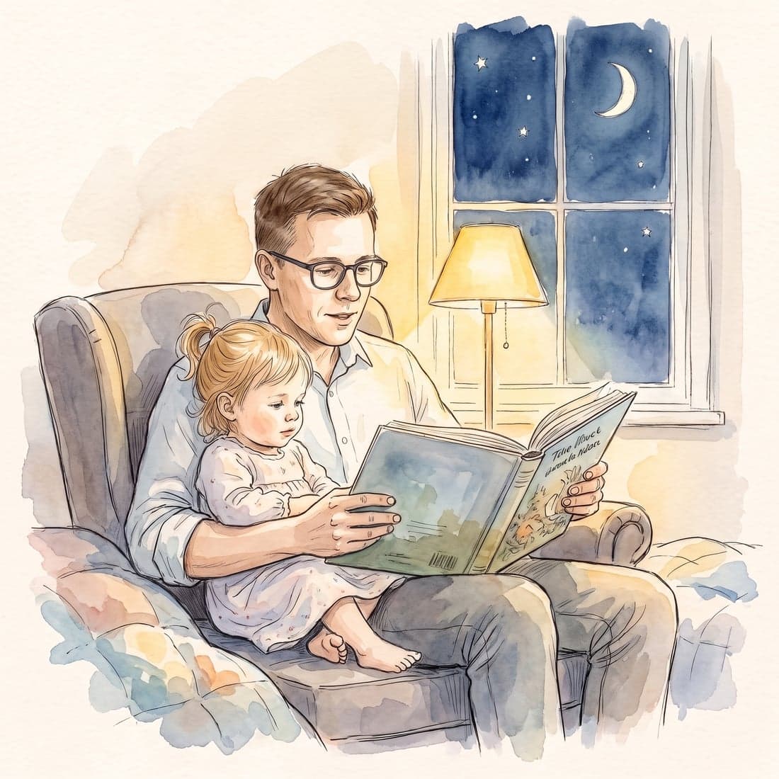 Malovaná ilustrace: otec čte malé dceři pohádku při světle lampy, v okně srpek měsíce.