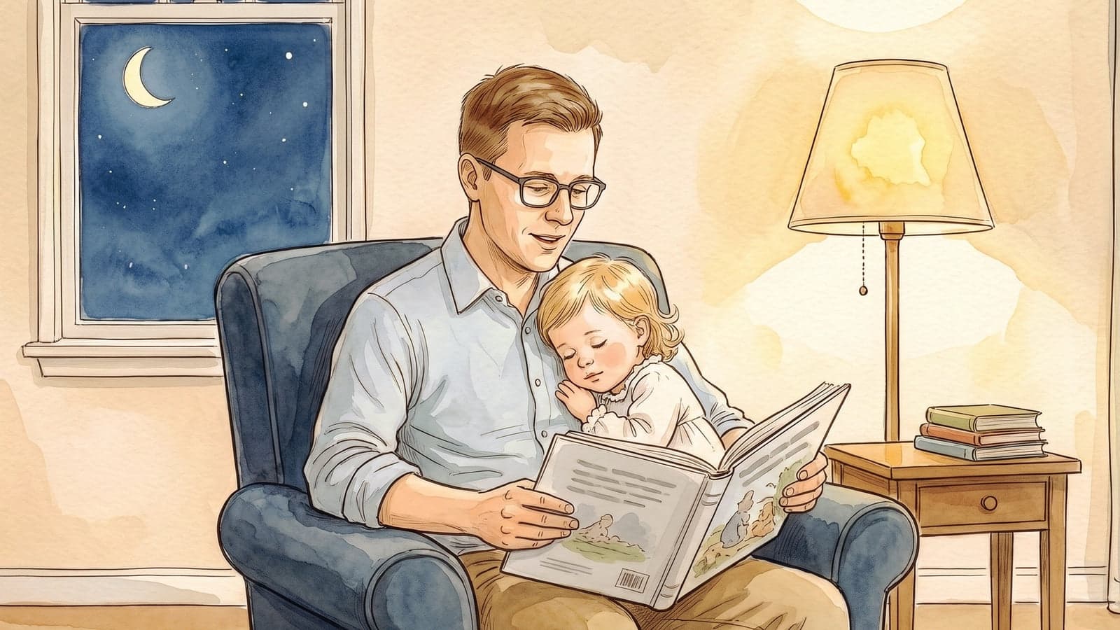Malowana ilustracja: ojciec czyta bajkę małej córce przy świetle lampy, w oknie widać sierp księżyca.