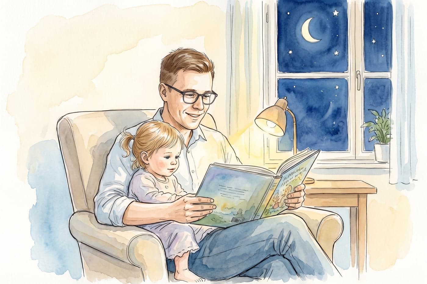 Malovaná ilustrace: otec čte malé dceři pohádku při světle lampy, v okně srpek měsíce.