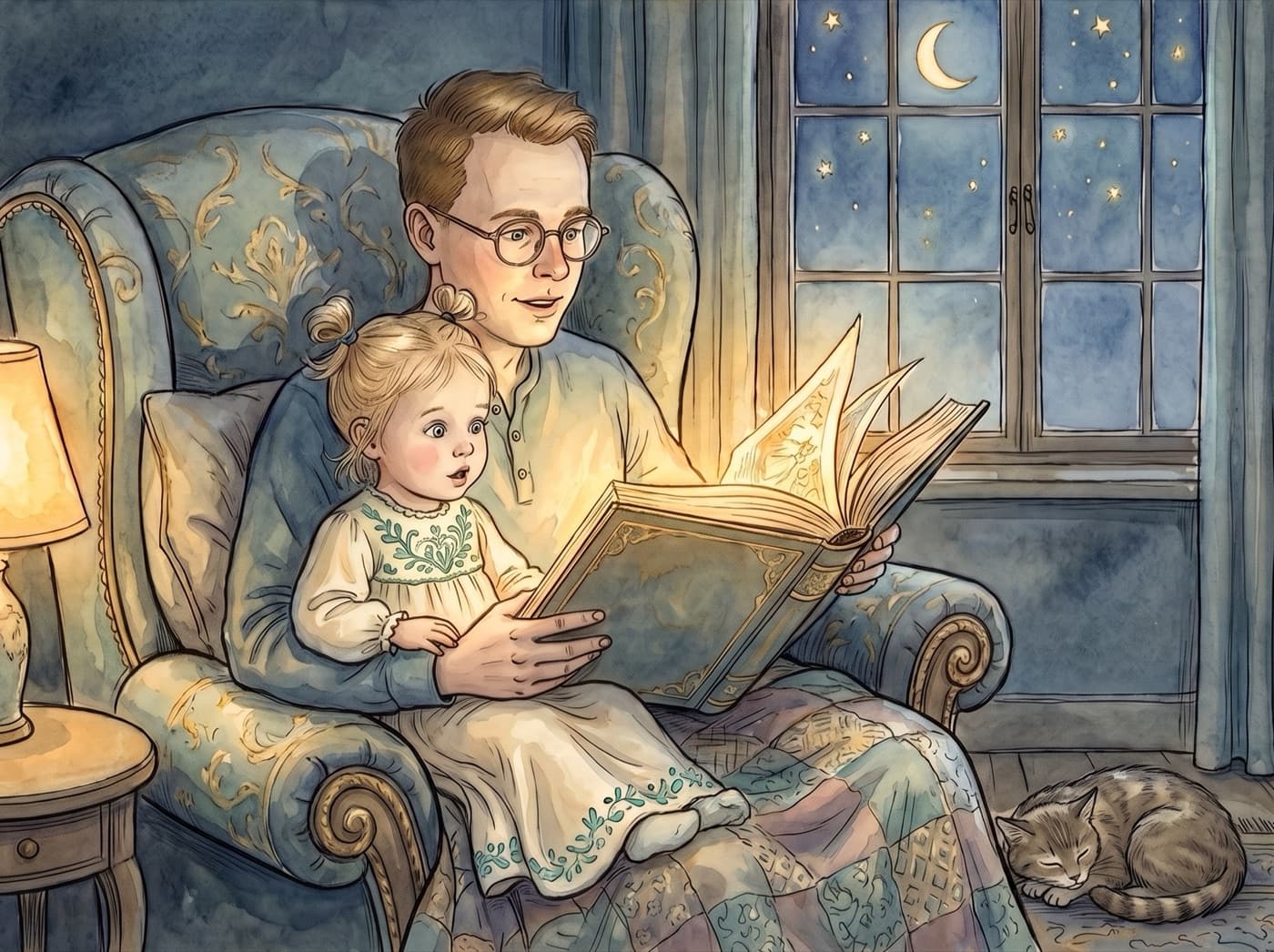 Malowana ilustracja: ojciec czyta bajkę małej córce przy świetle lampy, w oknie widać sierp księżyca.