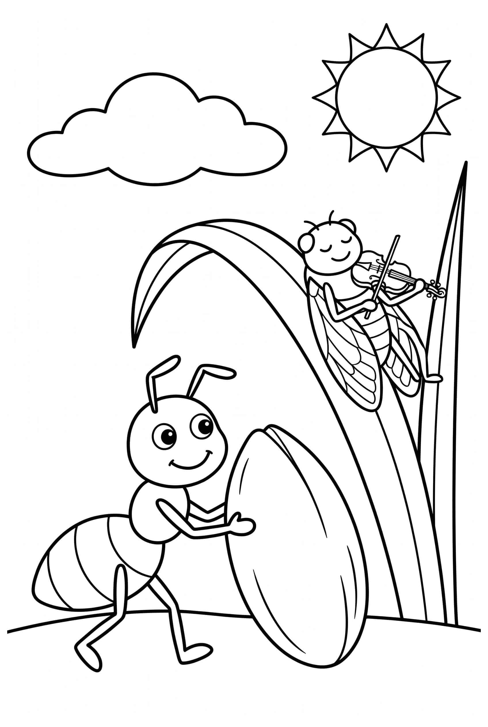 An ant carrying a grain of wheat past a grasshopper resting with a fiddle on a tall blade of grass