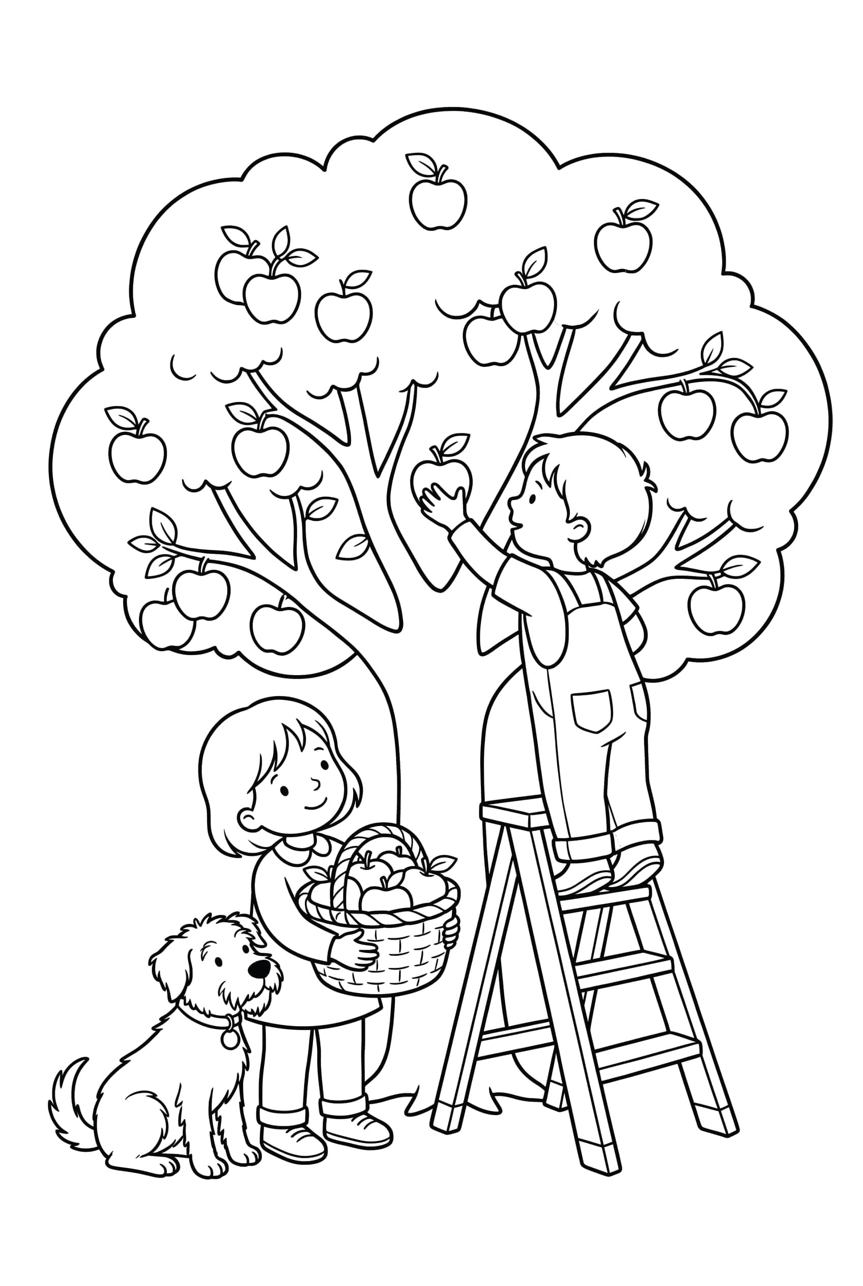 Coloring page of a child on a low ladder reaching into an apple tree heavy with fruit, a second child holding a full basket and a dog sitting beside them