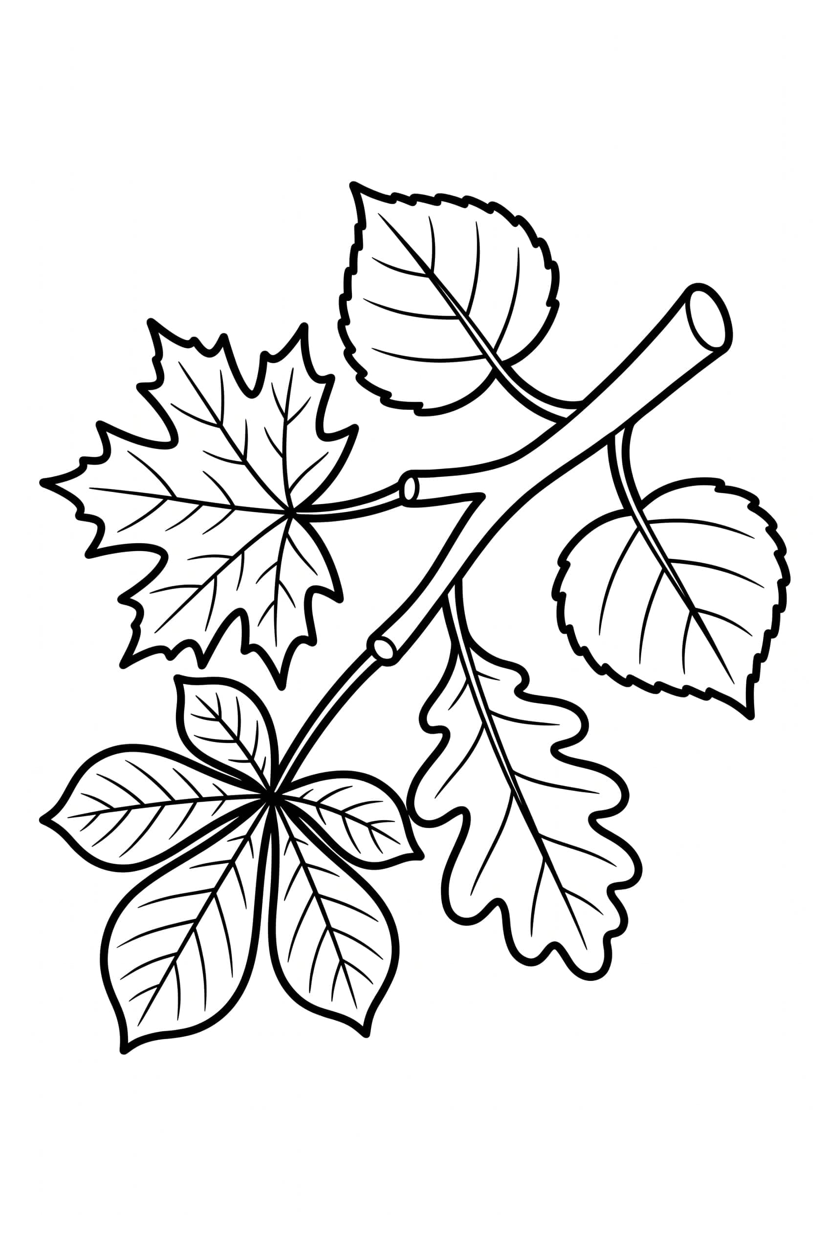 Coloring page of a branch running across the page with five broad autumn leaves on it, maple, oak, chestnut and birch, the veins drawn in