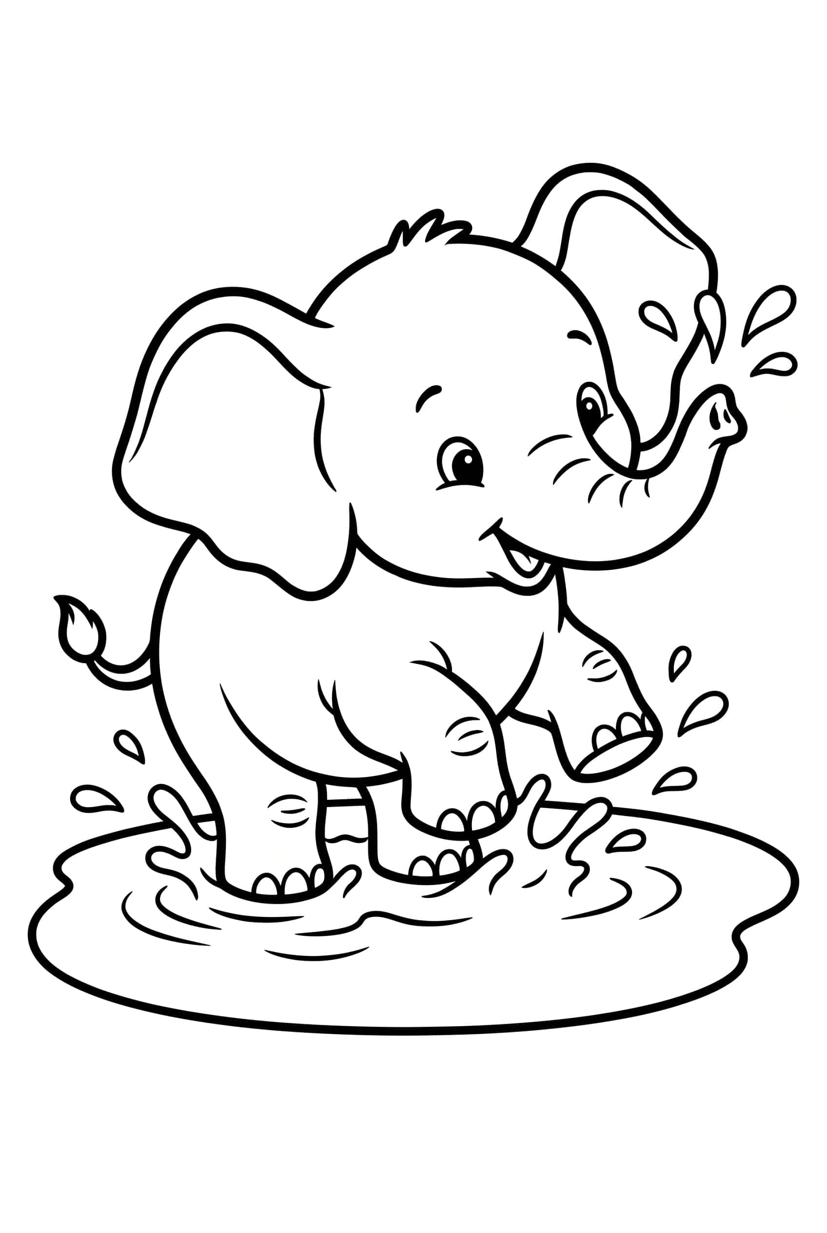 Dibujo para colorear de un bebé elefante regordete chapoteando feliz en un charco, con una oreja aleteando a medio salpicón.