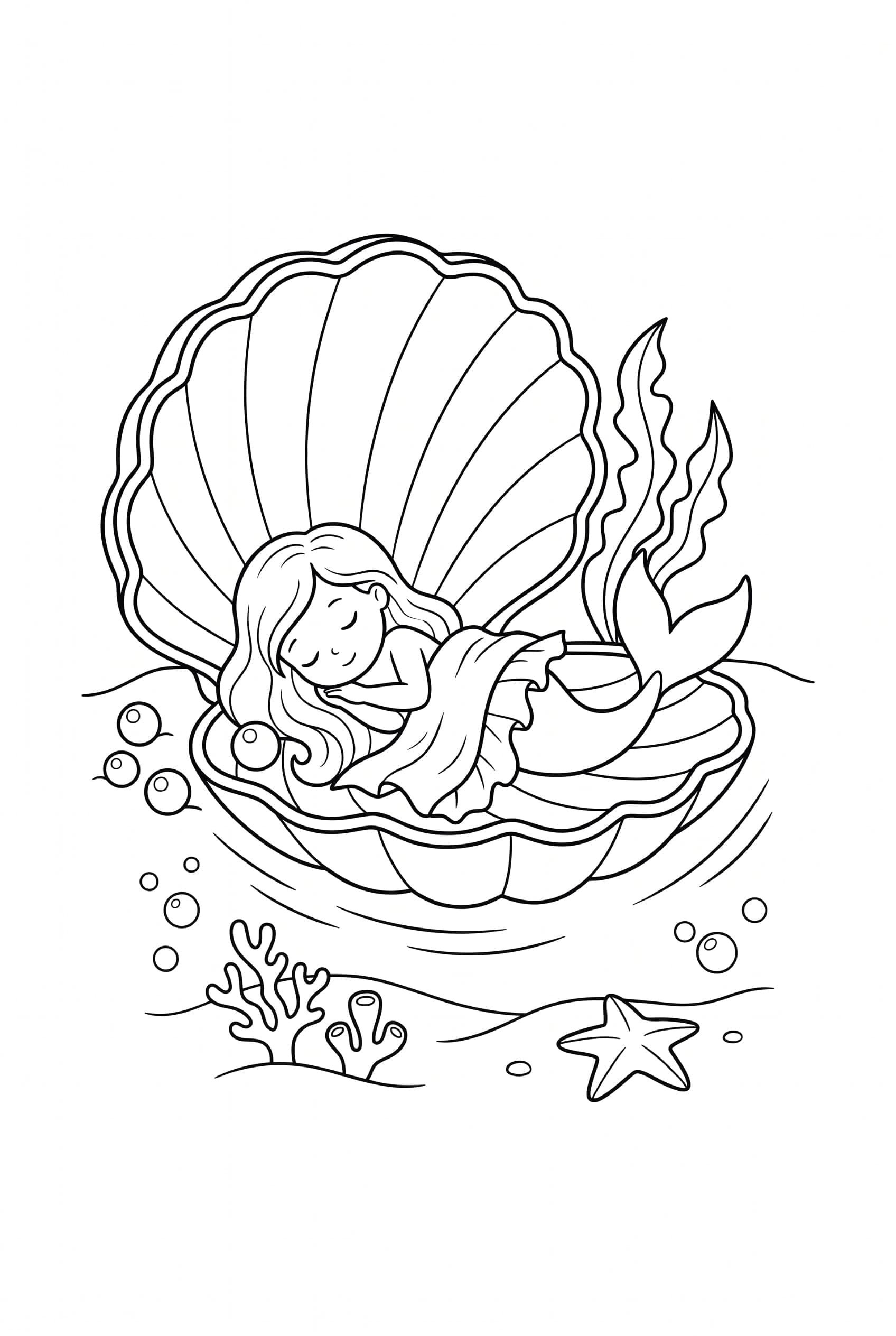 A tiny mermaid asleep inside a big open scallop shell that rocks like a cradle, three pearls beside it