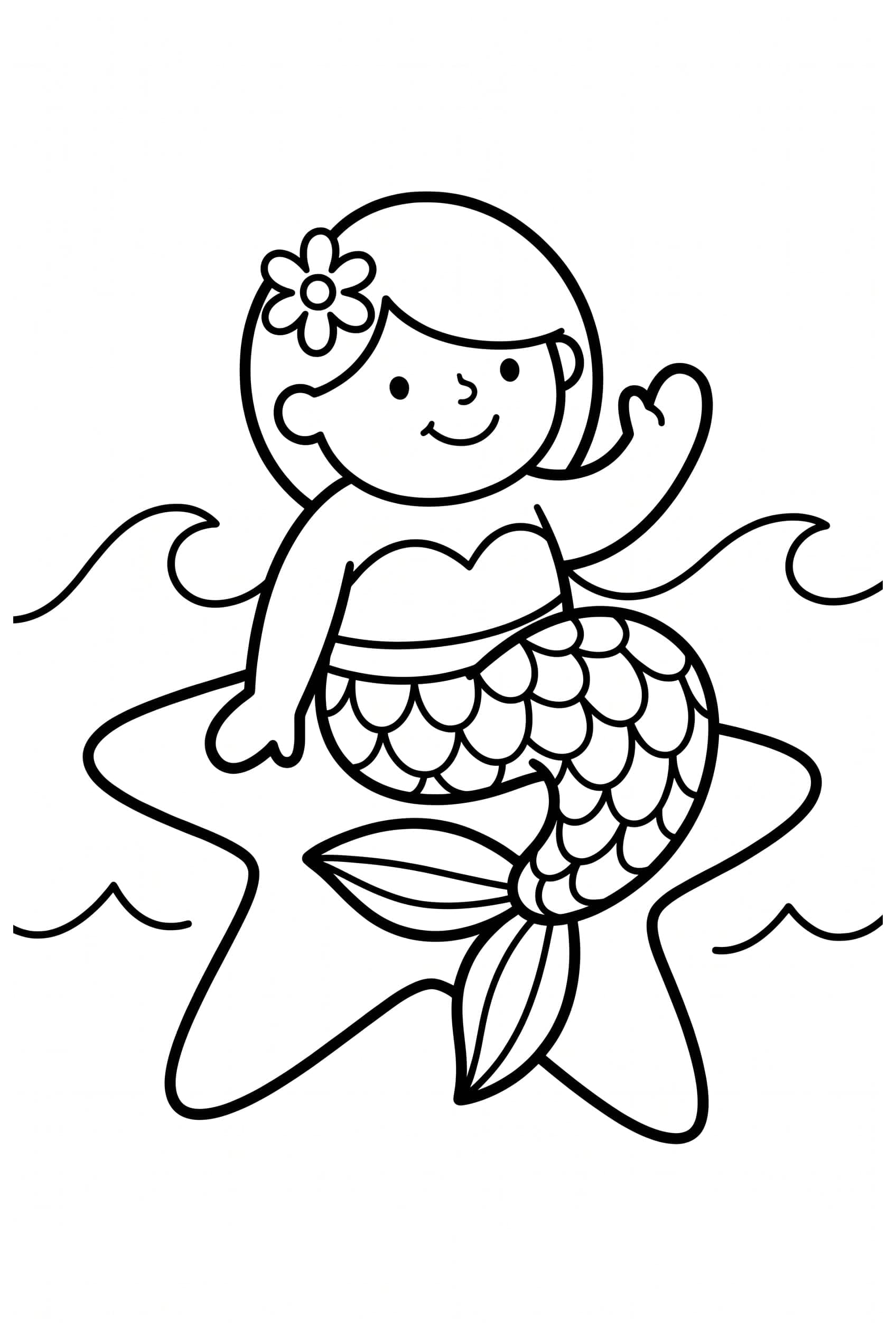 A round little mermaid sitting on a big five-armed starfish with her tail curled beside her, waving one hand