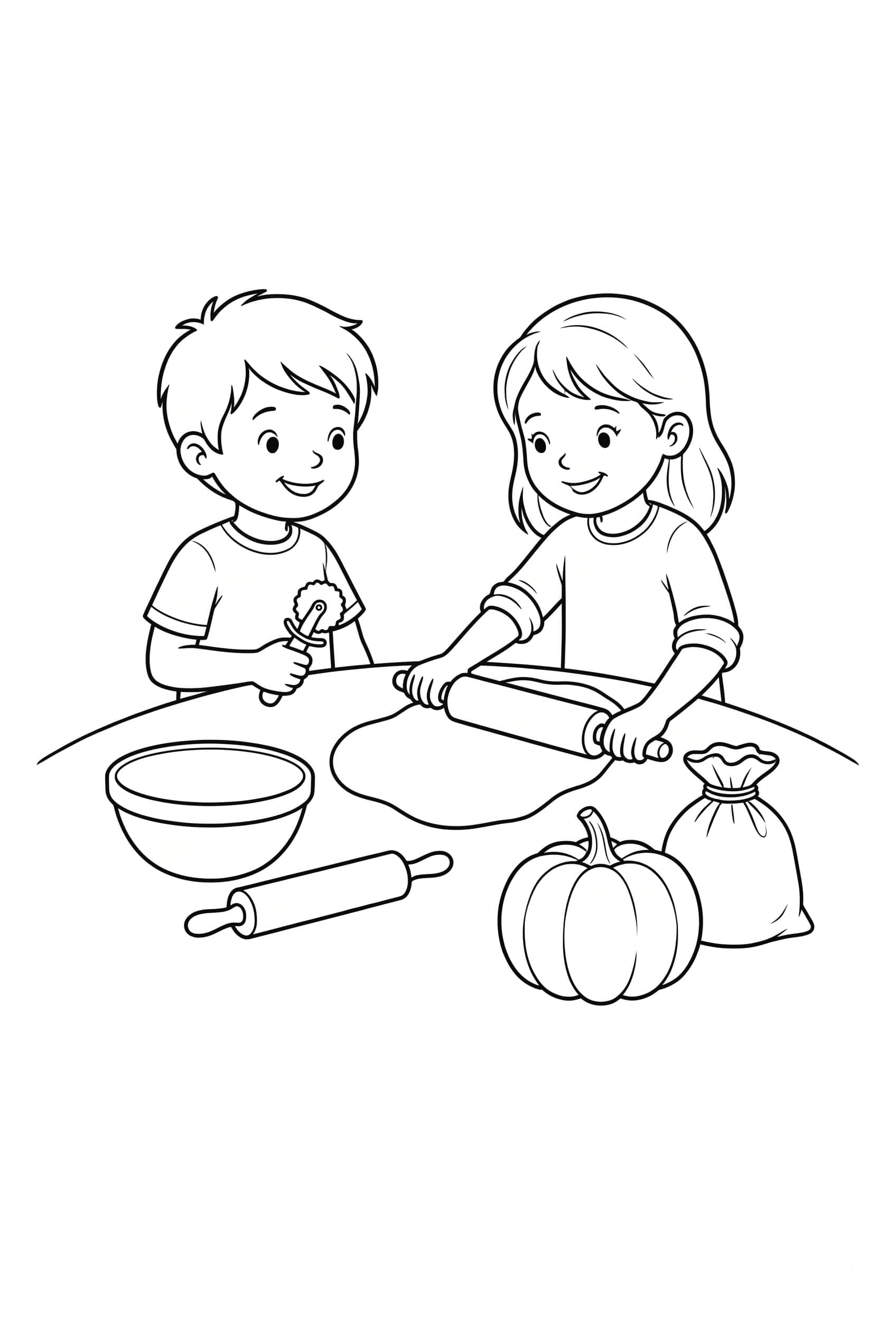 Coloring page of two children at a kitchen table rolling out pastry for a pumpkin pie, with a bowl, a rolling pin, a pumpkin and flour