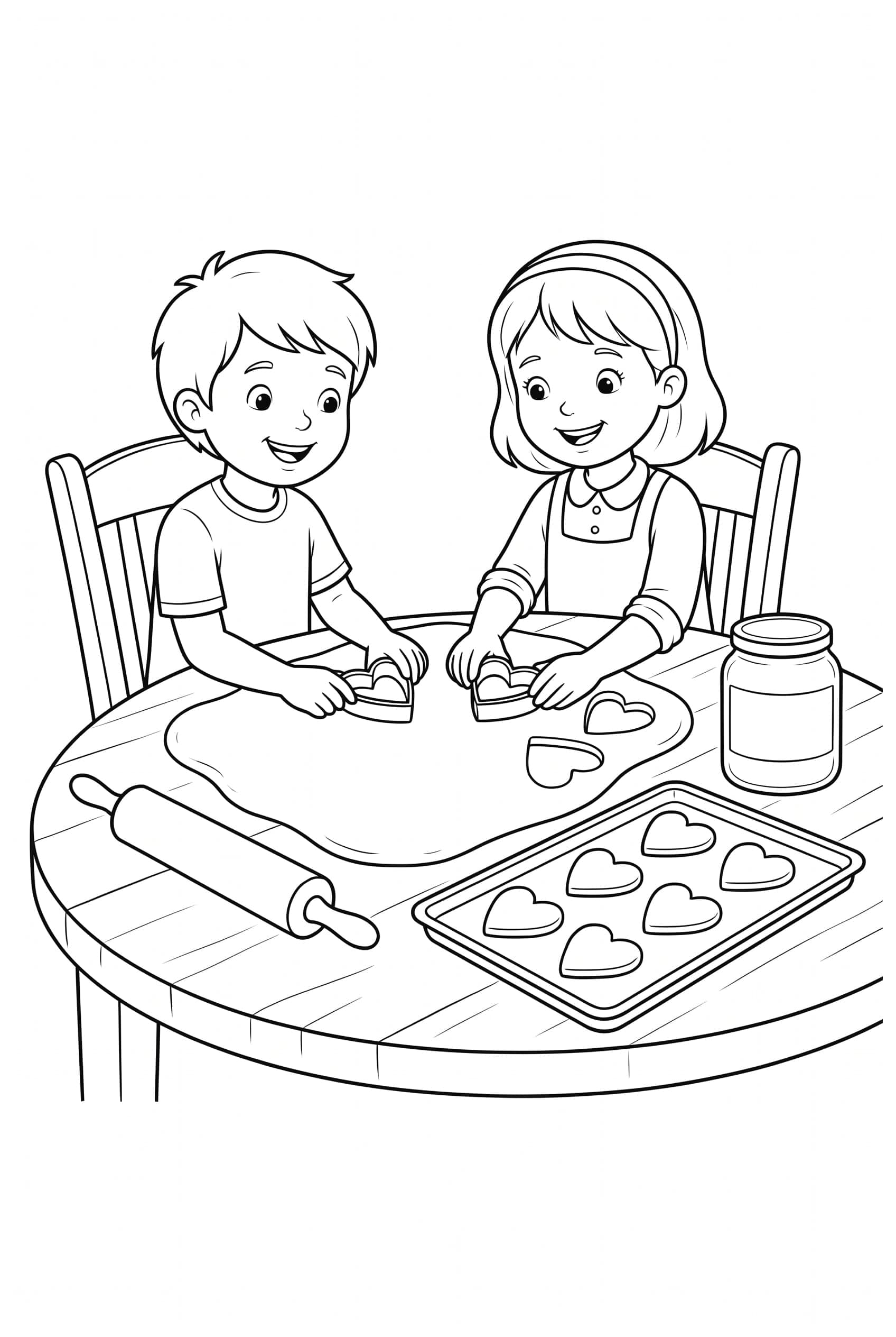 Coloriage de deux enfants qui découpent des cœurs dans une pâte étalée sur la table, avec une plaque de biscuits, un rouleau et un bocal.