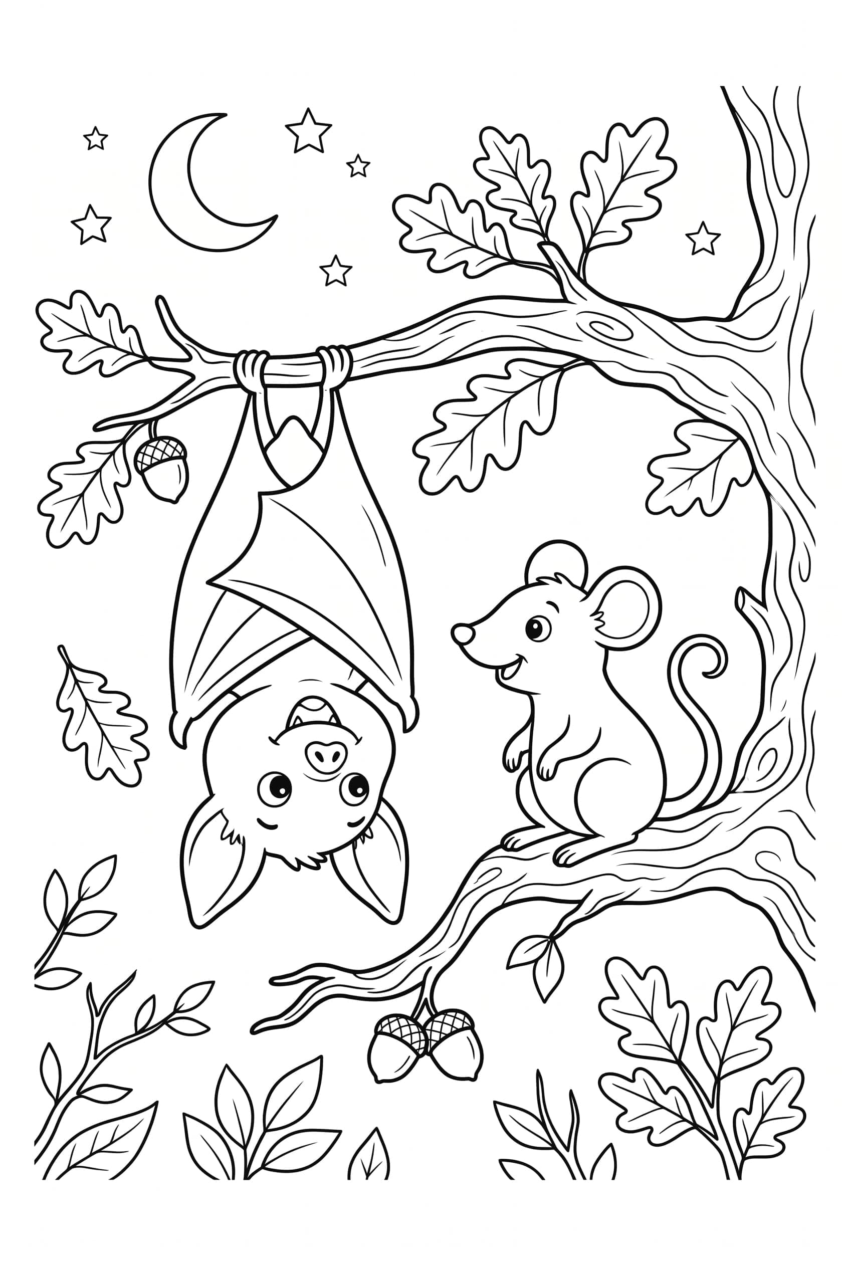Coloring page of a bat hanging from a branch beside a little mouse sitting upright on the same branch, both smiling