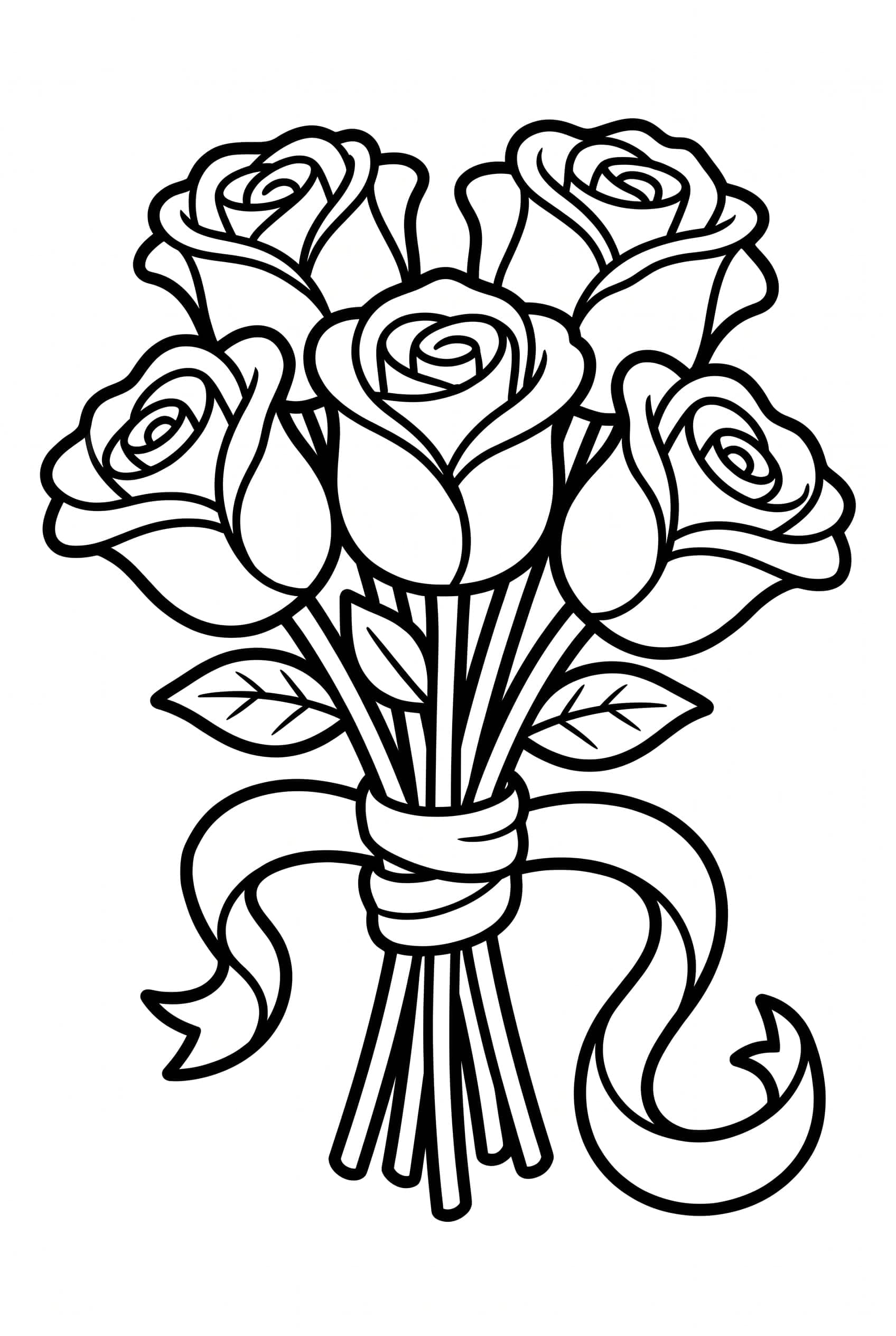 Coloriage d’un bouquet de cinq roses ouvertes nouées par un large ruban dont les bouts s’enroulent, trois feuilles entre les tiges.
