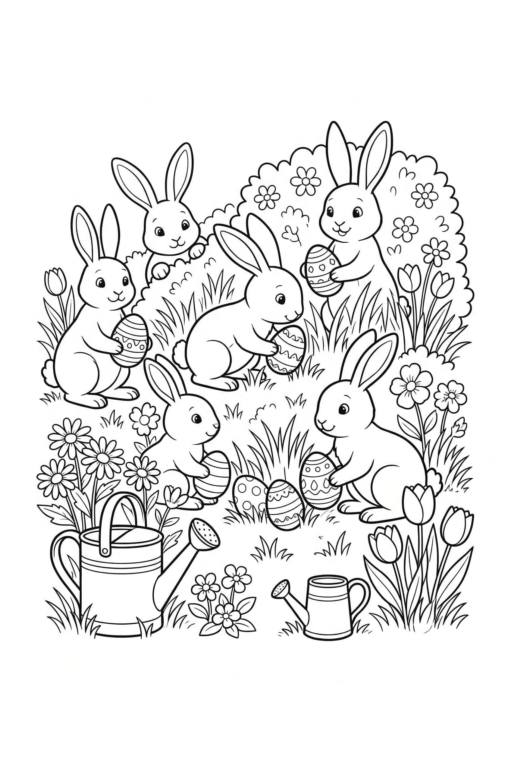 A group of bunnies hiding painted eggs behind tufts of grass in a garden among watering cans and flower beds