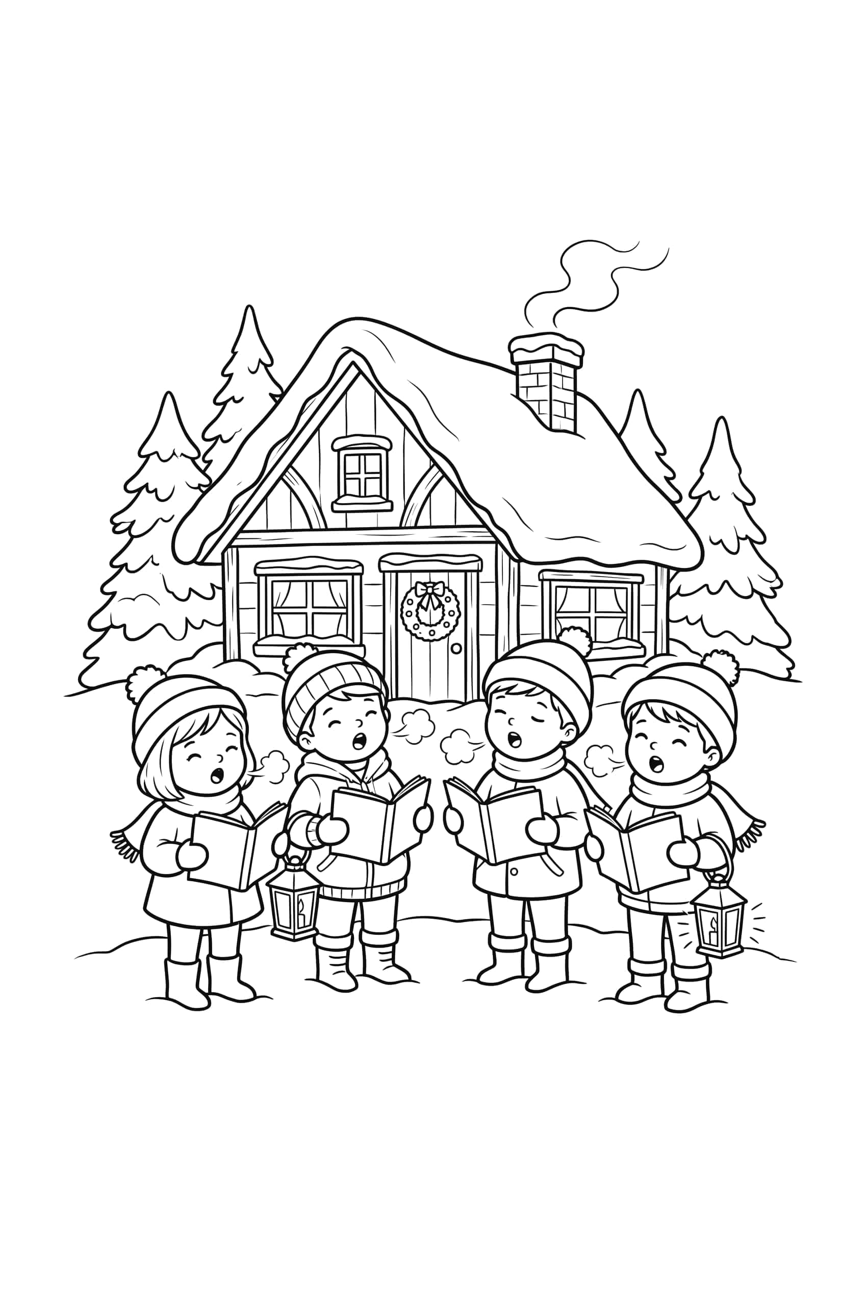 Eine Gruppe Weihnachtssänger singt vor einer verschneiten Hütte, Laternen leuchten und ein Kranz hängt an der Eingangstür.
