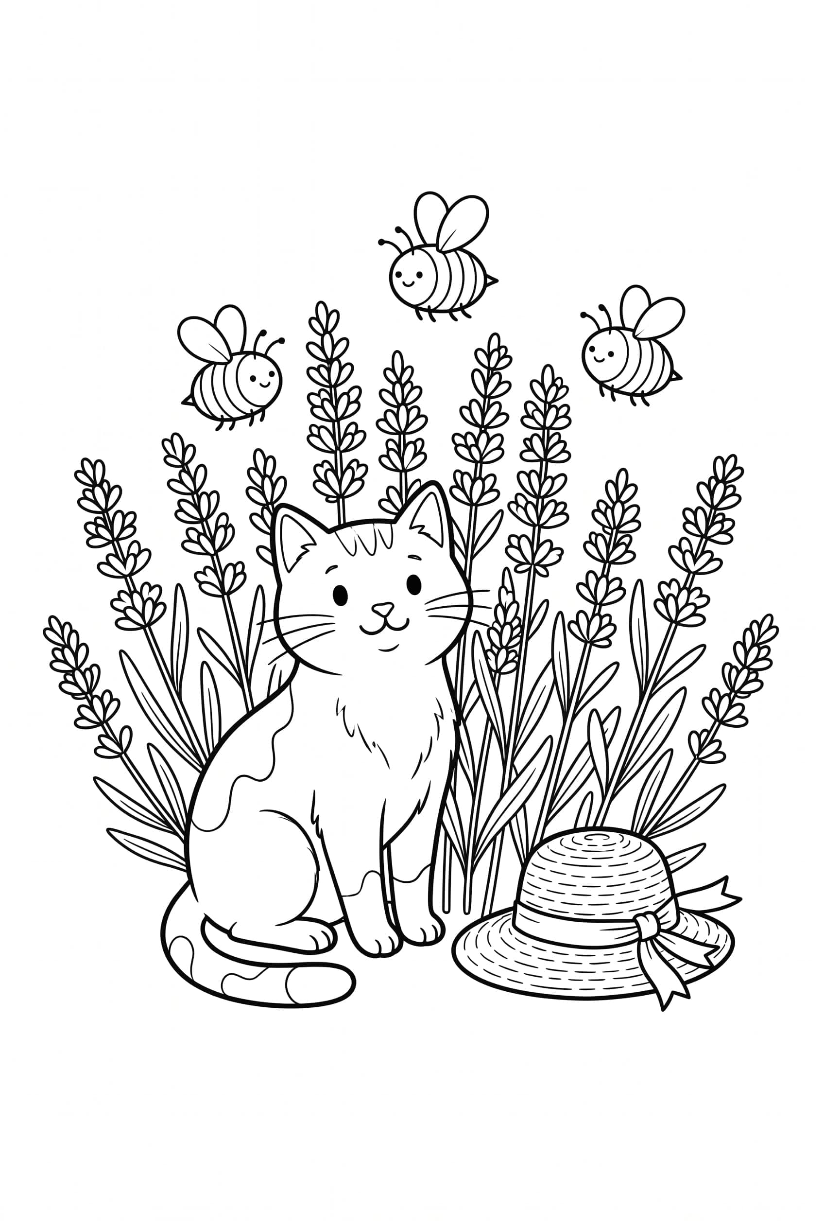 Eine Katze sitzt zwischen hohen Lavendelstängeln, über den Blüten schweben drei runde Bienen.