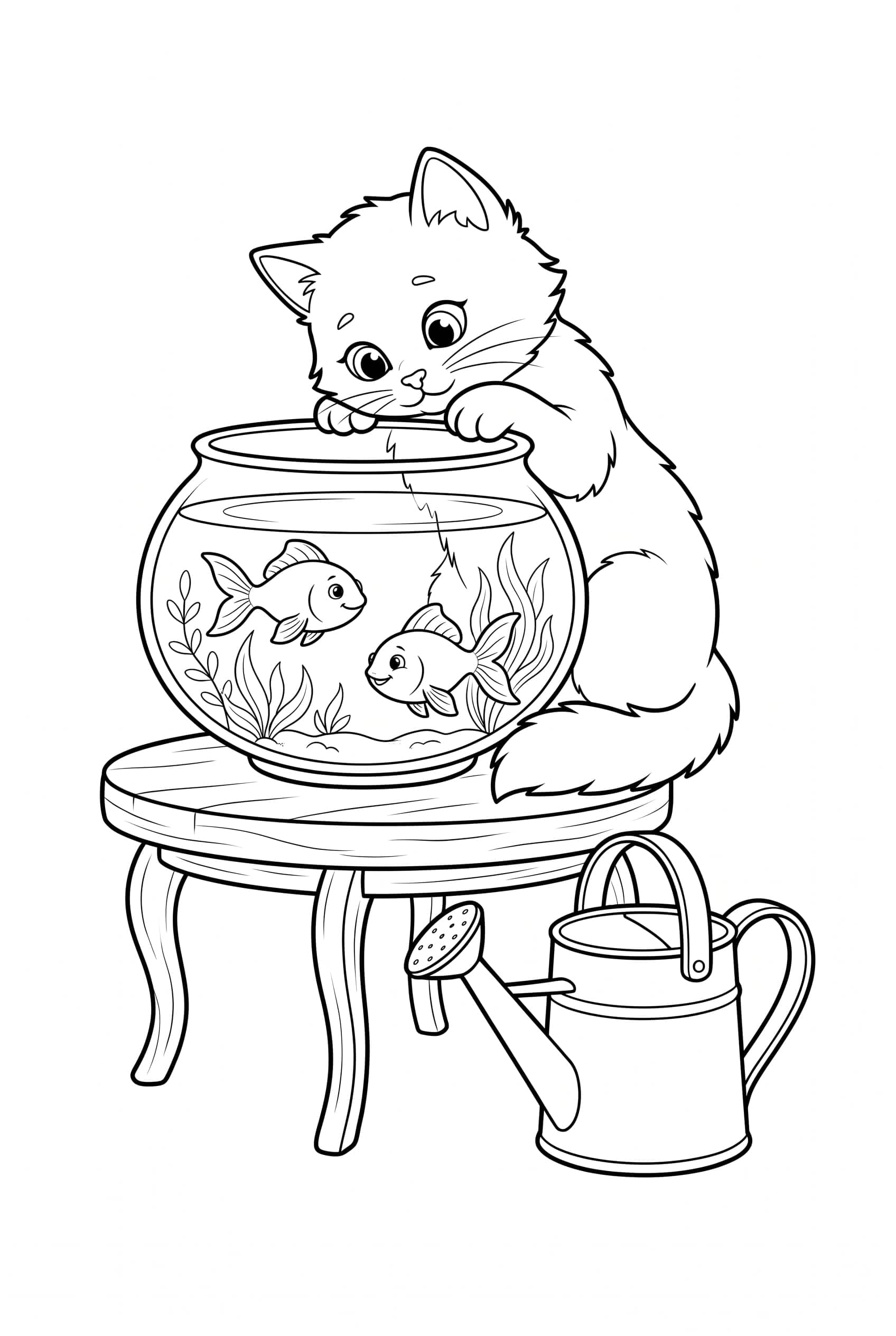 Eine Katze legt ihr Kinn auf den Rand eines runden Goldfischglases, in dem zwei Fische schwimmen.