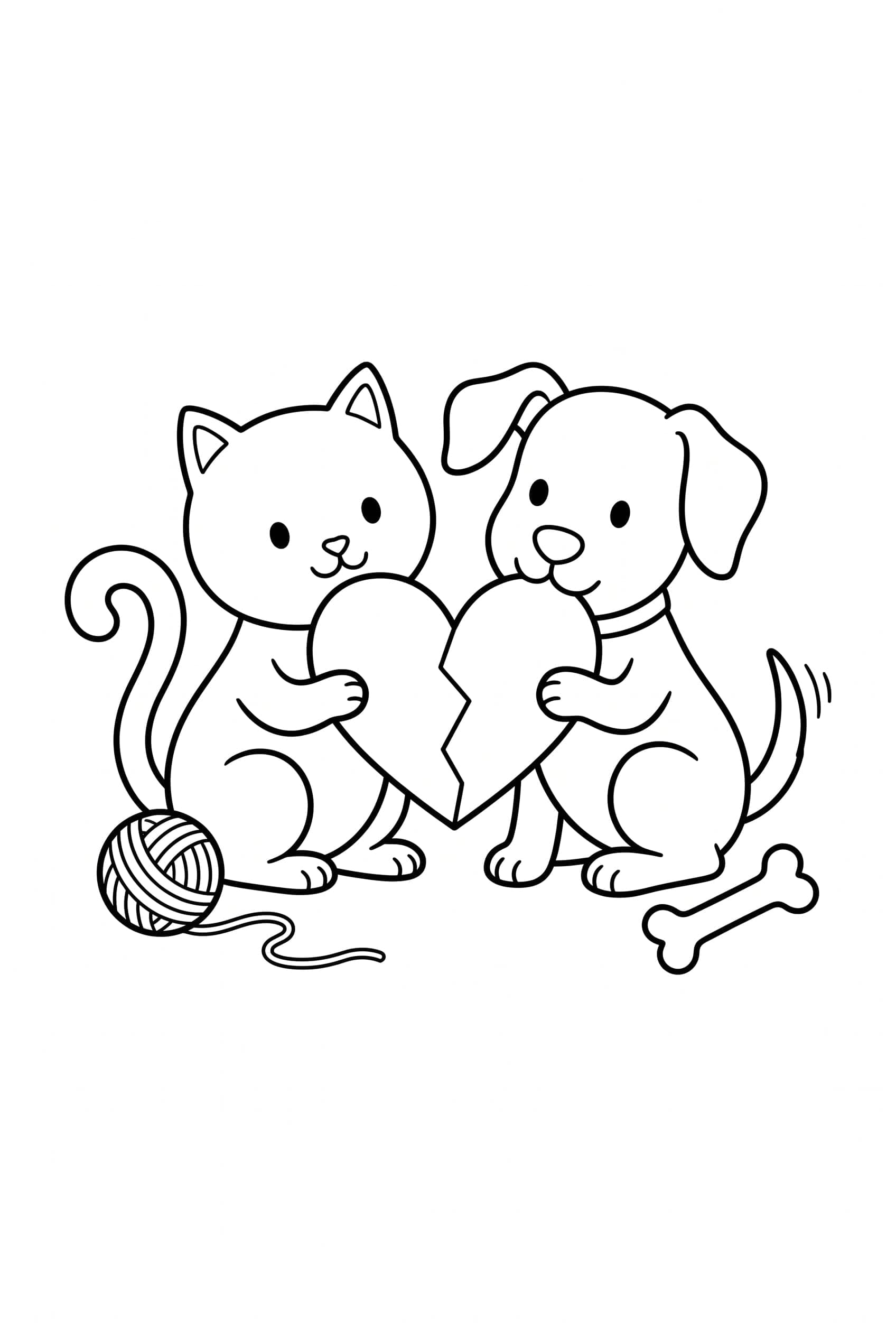 Eine Katze und ein Hund sitzen nebeneinander und halten je eine Hälfte eines Papierherzens, daneben liegen ein Wollknäuel und ein Knochen.