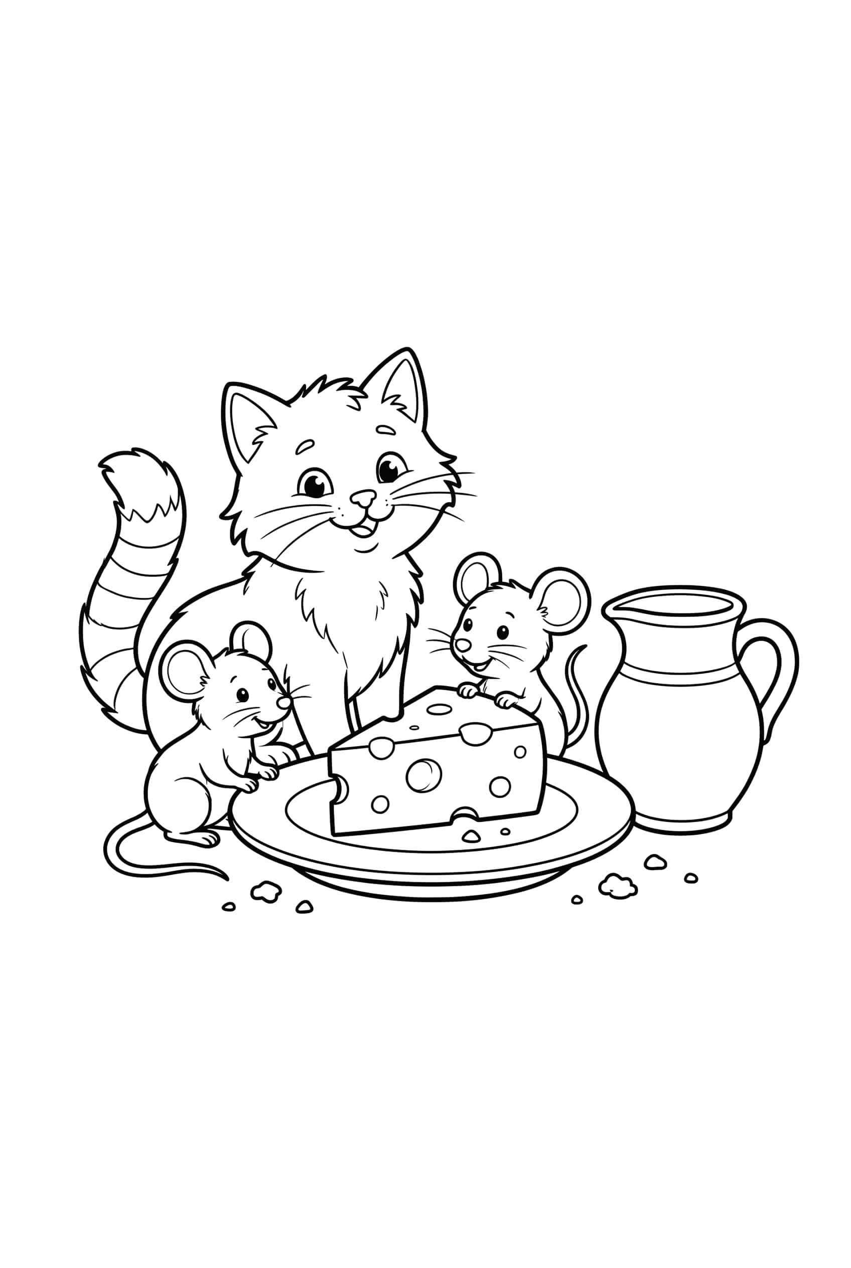 Eine Katze und drei kleine Mäuse sitzen um einen runden Teller mit einem Stück Käse, daneben steht ein Krug.