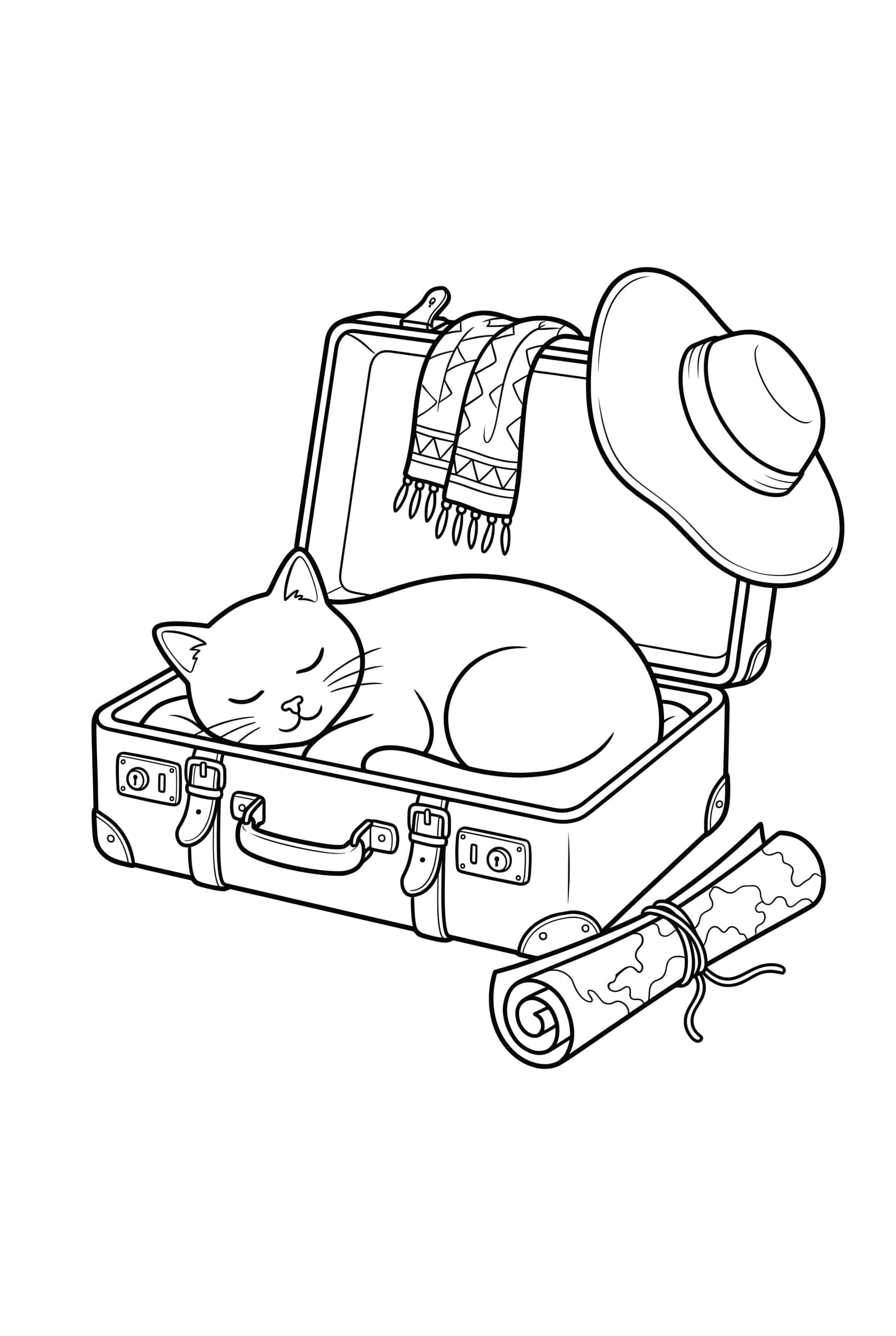 Eine Katze schläft zusammengerollt in einem offenen Koffer, über dem Deckel hängt ein gemusterter Schal, daneben ein Sonnenhut.