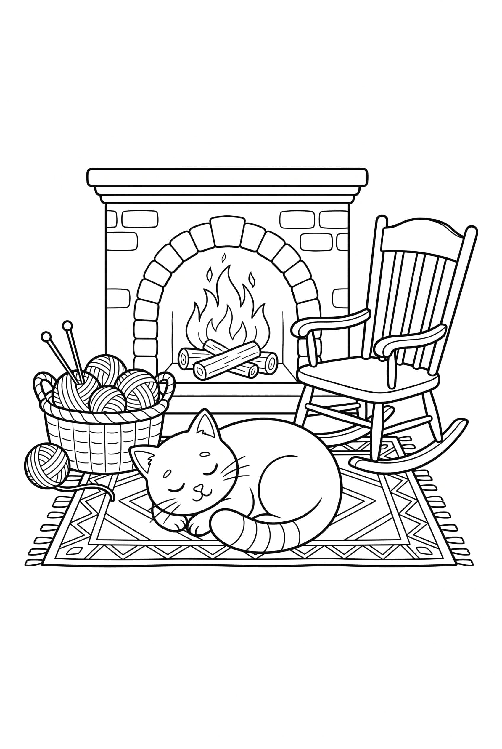 A cat curled asleep on a rug in front of a crackling fireplace with a knitting basket and rocking chair nearby