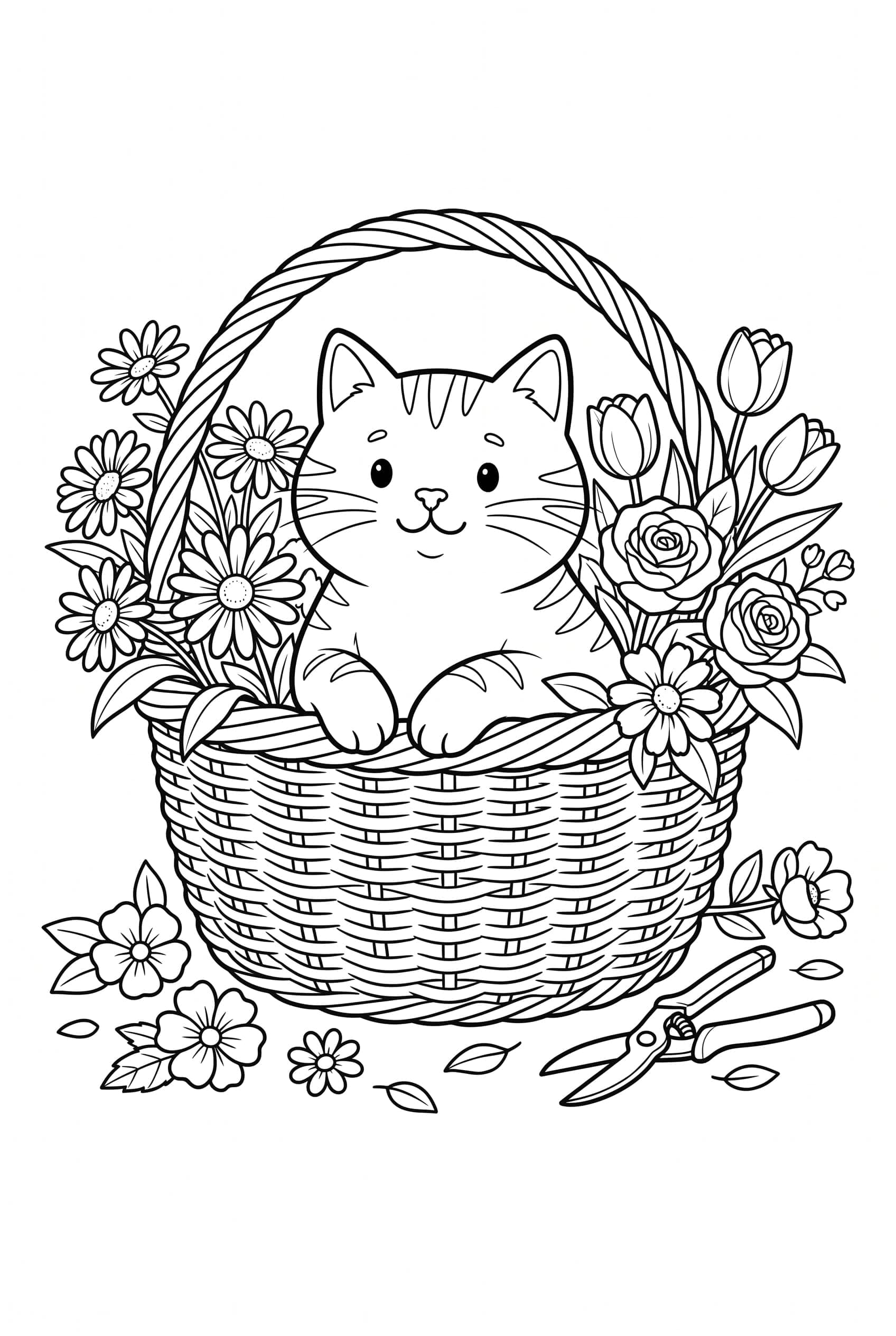 Eine Katze sitzt in einem Weidenkorb, der von Gartenblumen überquillt, daneben liegt eine Gartenschere.