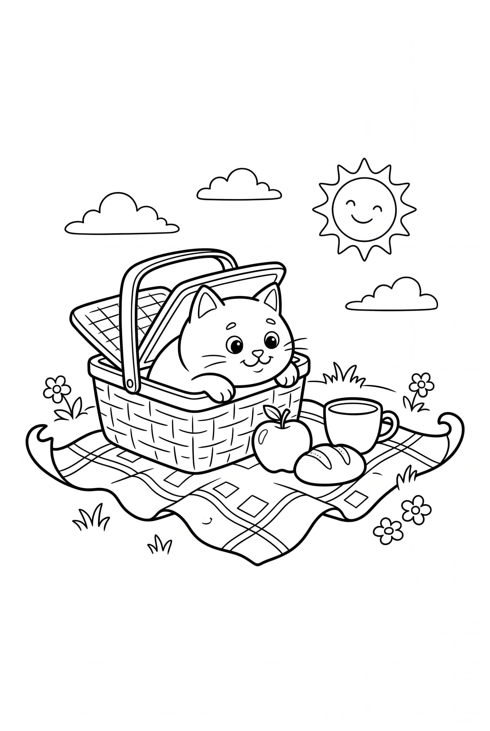 Eine Katze schaut aus einem offenen Picknickkorb heraus, daneben liegen ein Apfel, ein Brötchen und eine Tasse.