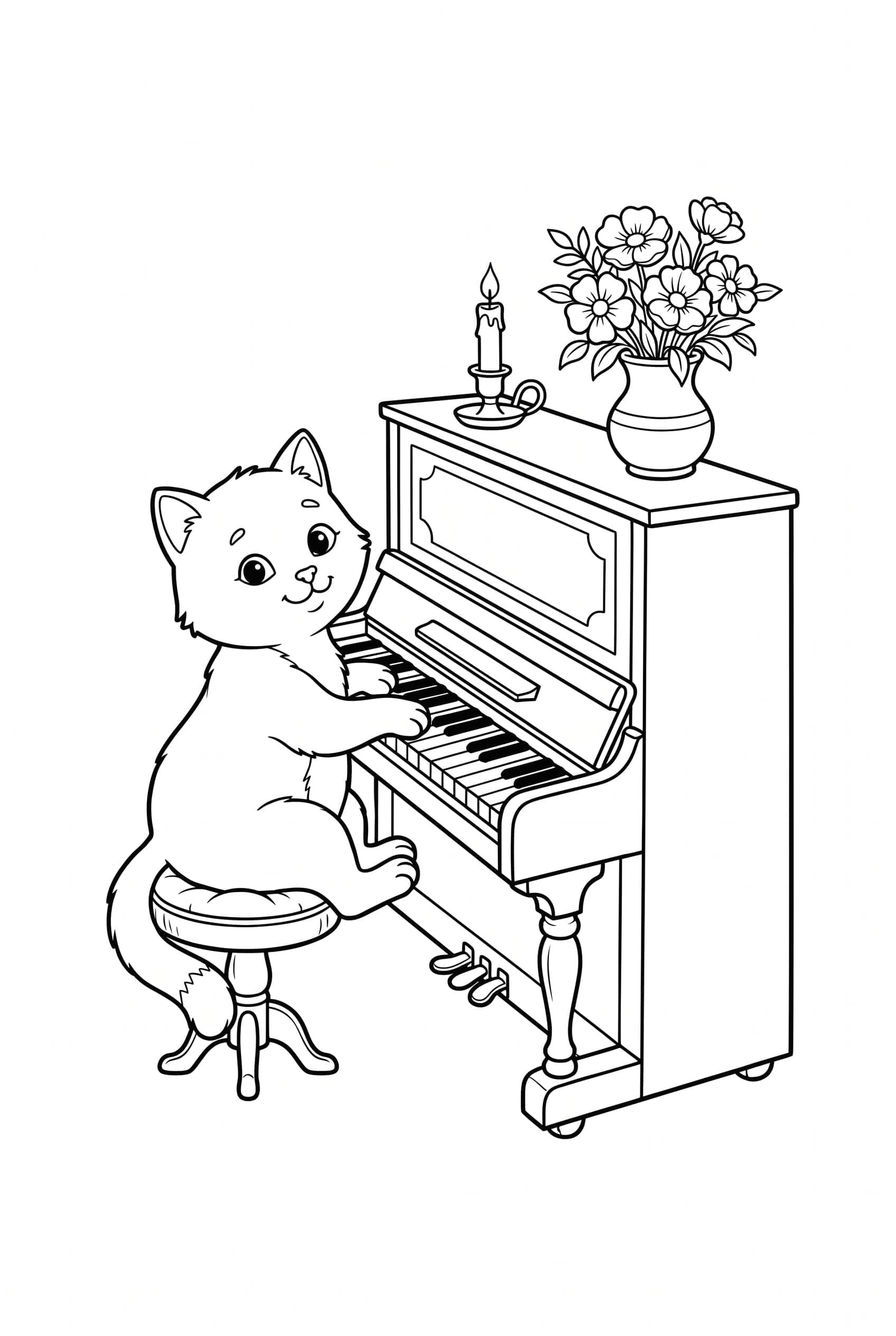 Eine Katze sitzt auf einem runden Hocker und legt beide Vorderpfoten auf die Tasten eines Klaviers.