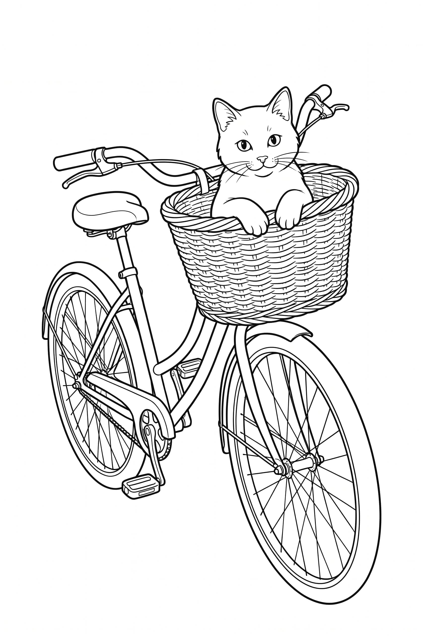 Eine Katze sitzt aufrecht im Weidenkorb eines Fahrrads, die Pfoten auf dem Rand.