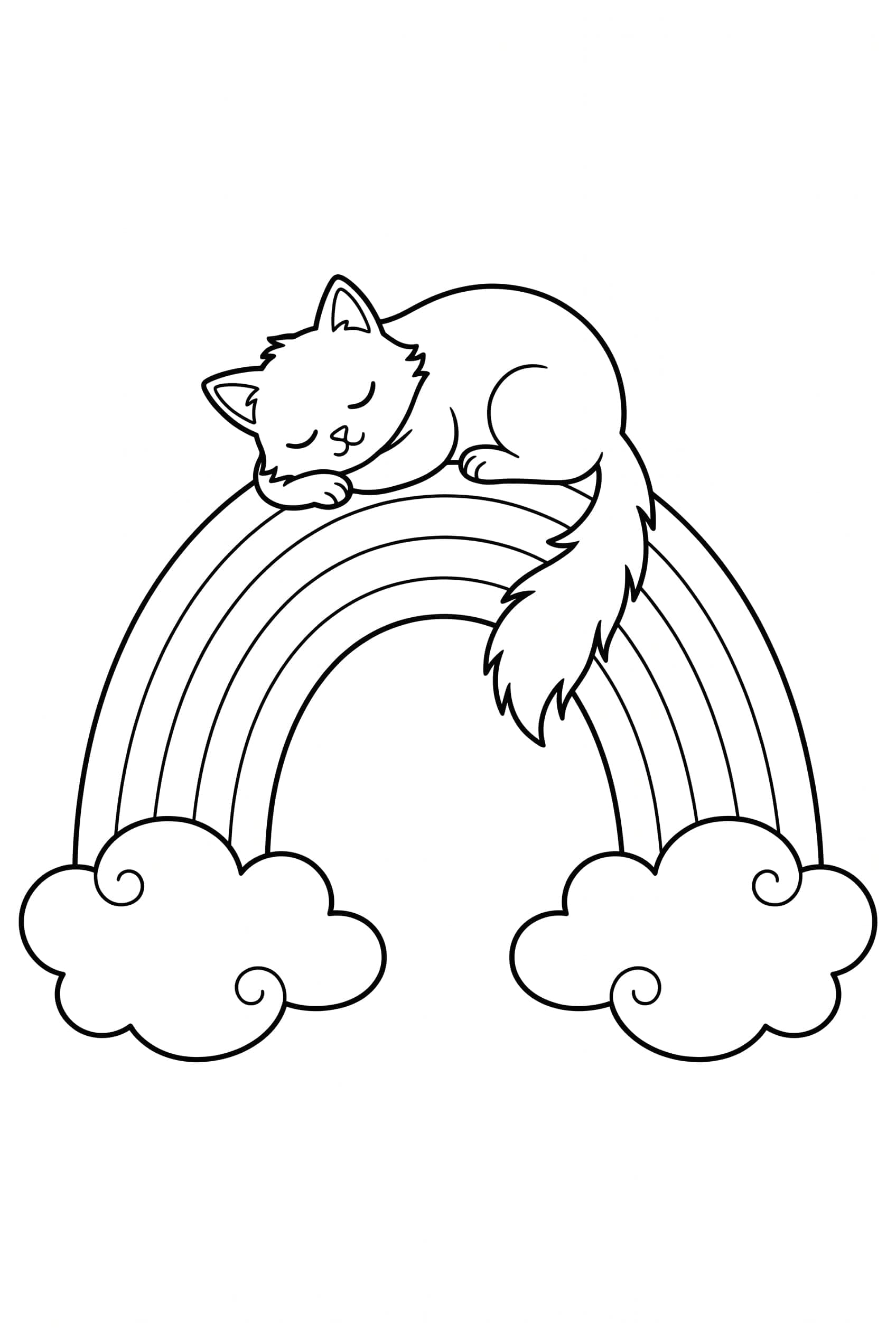 Coloring page of a cat curled up asleep along the top band of a rainbow arch with its tail hanging over the side