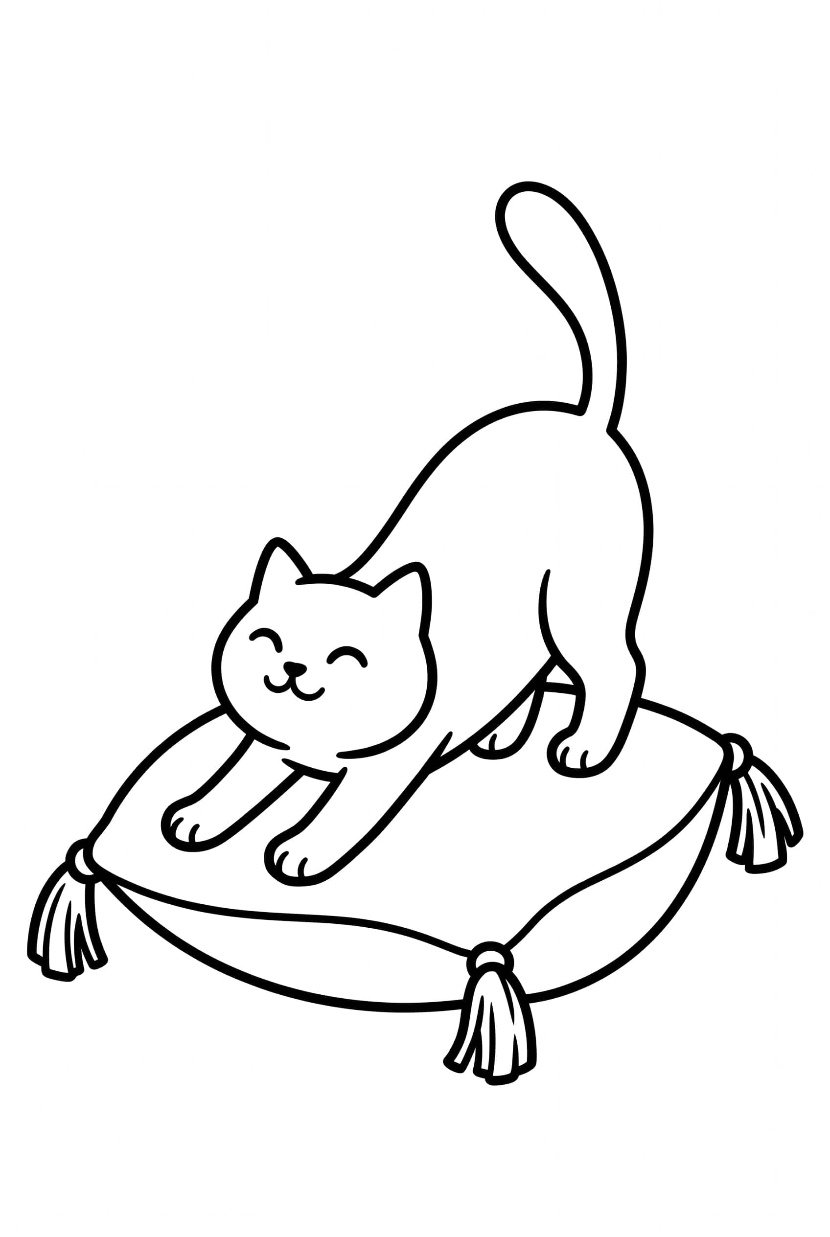 A cat stretching its front paws forward on a round cushion with tassels