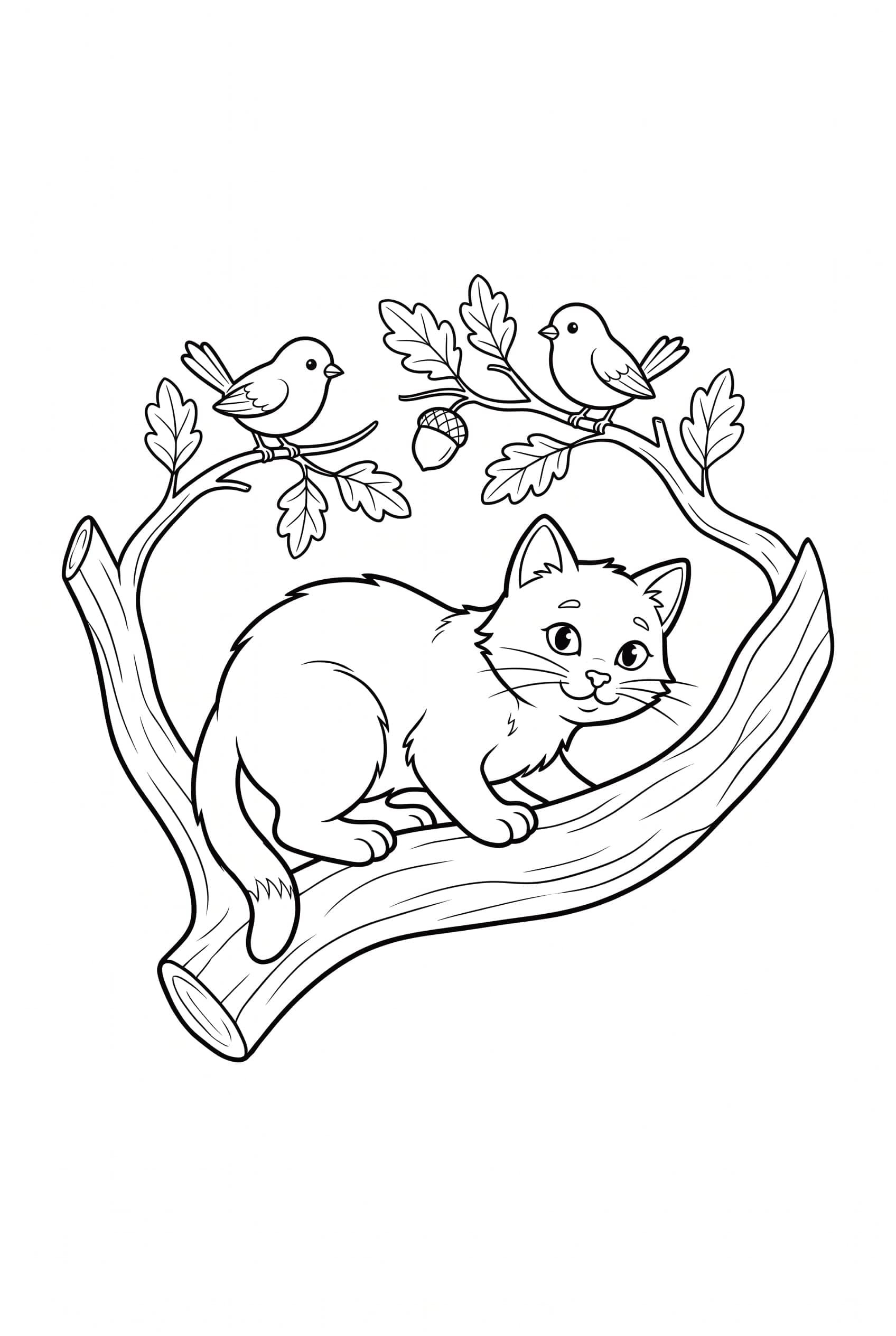 Eine Katze duckt sich auf einem dicken Ast und beobachtet zwei kleine Vögel zwischen den Blättern.