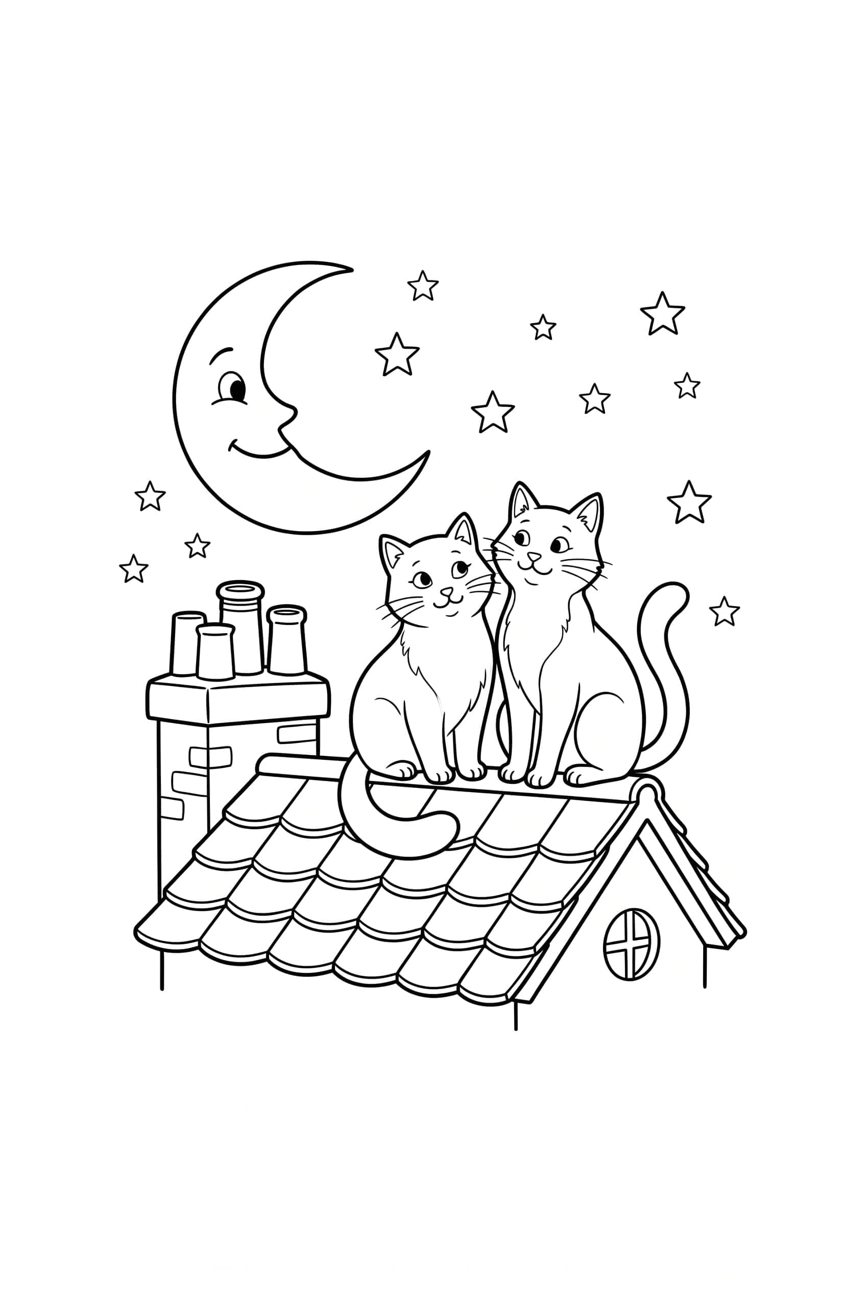 Two cats sitting together on a rooftop under a large crescent moon among chimney pots and distant stars