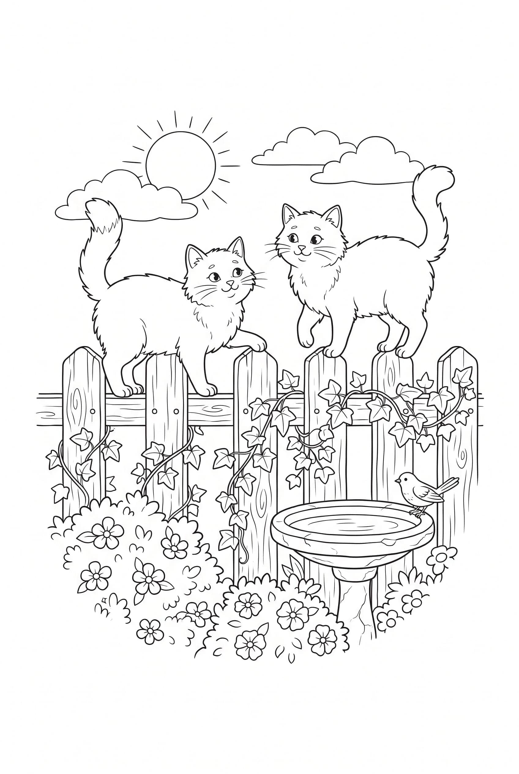 Two cats balancing along a garden fence among climbing ivy with a bird bath and blooming shrubs below