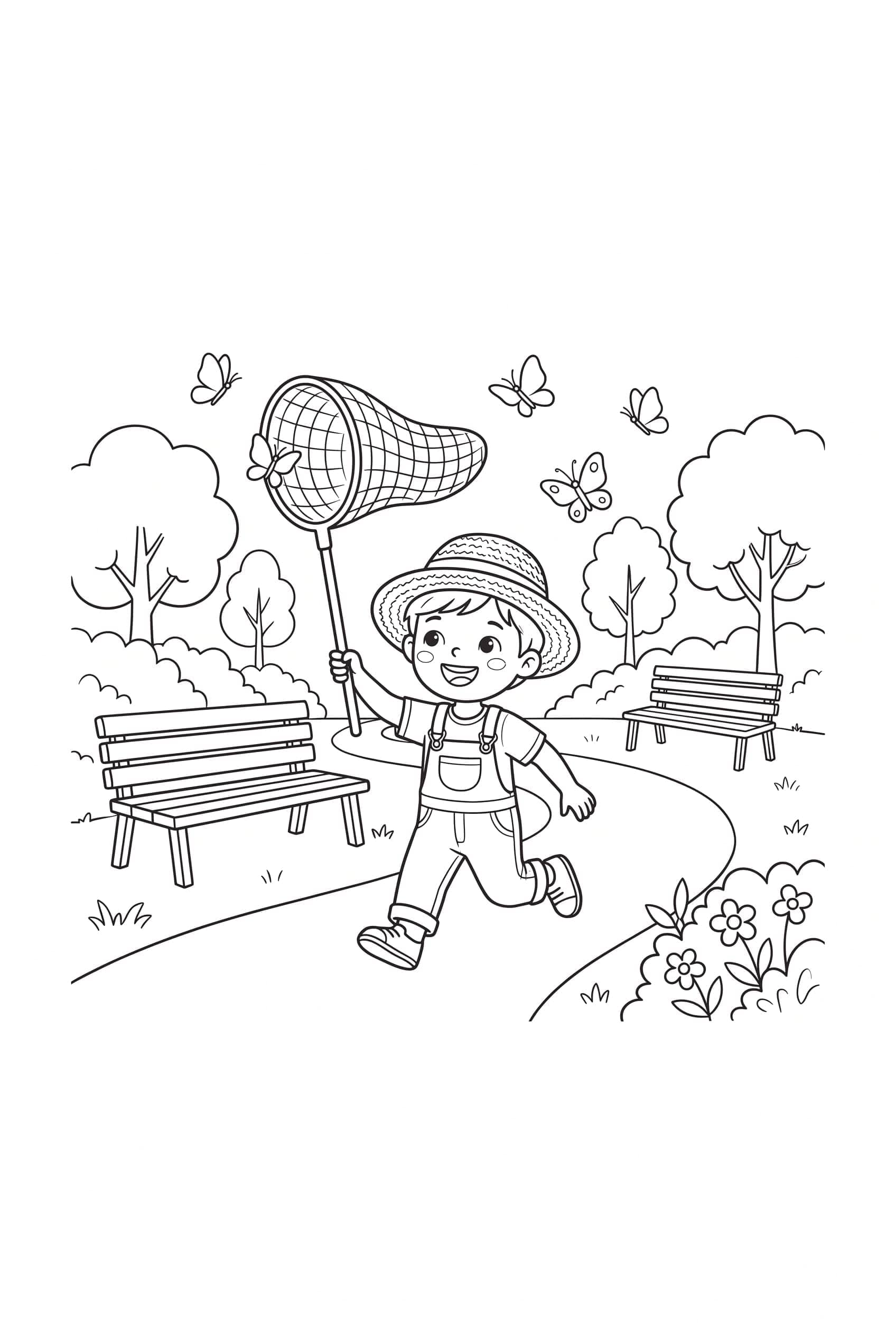 Dibujo para colorear de un niño con una red persiguiendo mariposas revoloteando por un parque, con bancas y árboles bordeando el camino.
