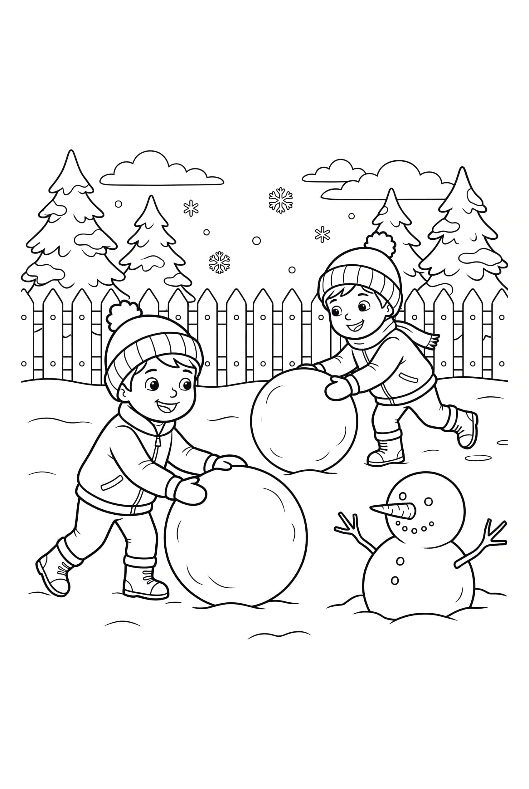 Zwei Kinder rollen Schneebälle, um im verschneiten Garten einen Schneemann zu bauen, ein Lattenzaun und Tannen stehen im Hintergrund.
