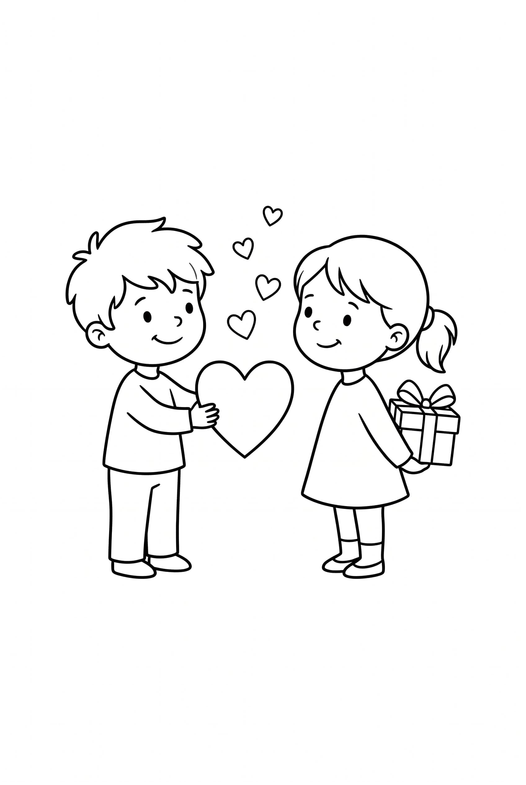 Coloring page of two children facing each other, one holding out a heart-shaped card and the other hiding a wrapped gift behind their back