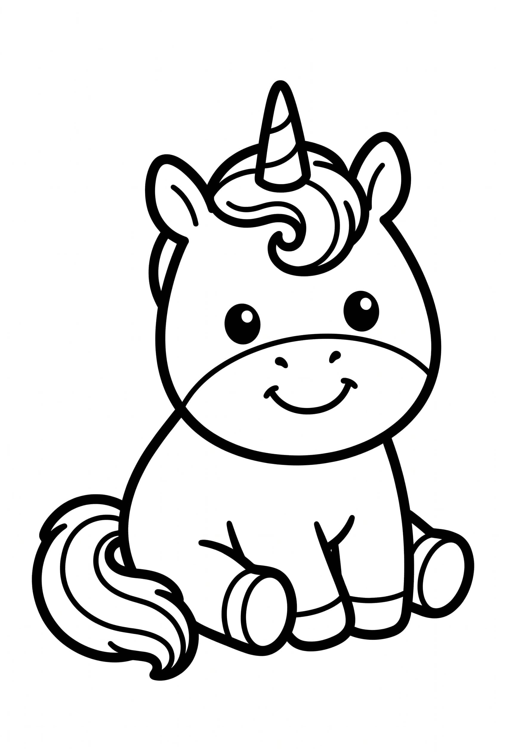 Ein rundes kleines Einhorn sitzt auf den eingeklappten Beinen und lächelt, mit kurzem gedrehtem Horn und flauschigem Schweif.