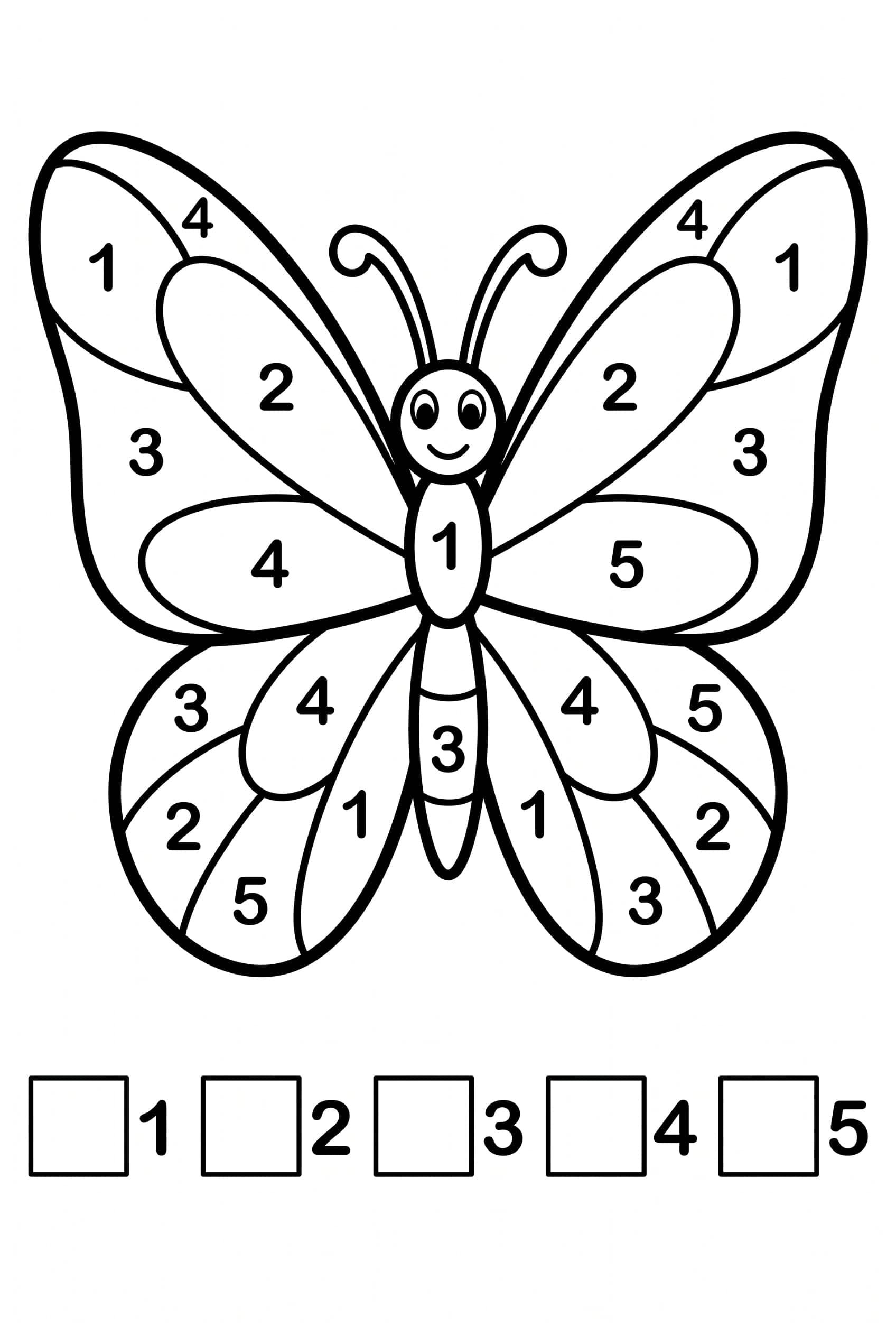 Coloring page of a butterfly with open wings divided into about fourteen numbered areas, with a key of five squares below