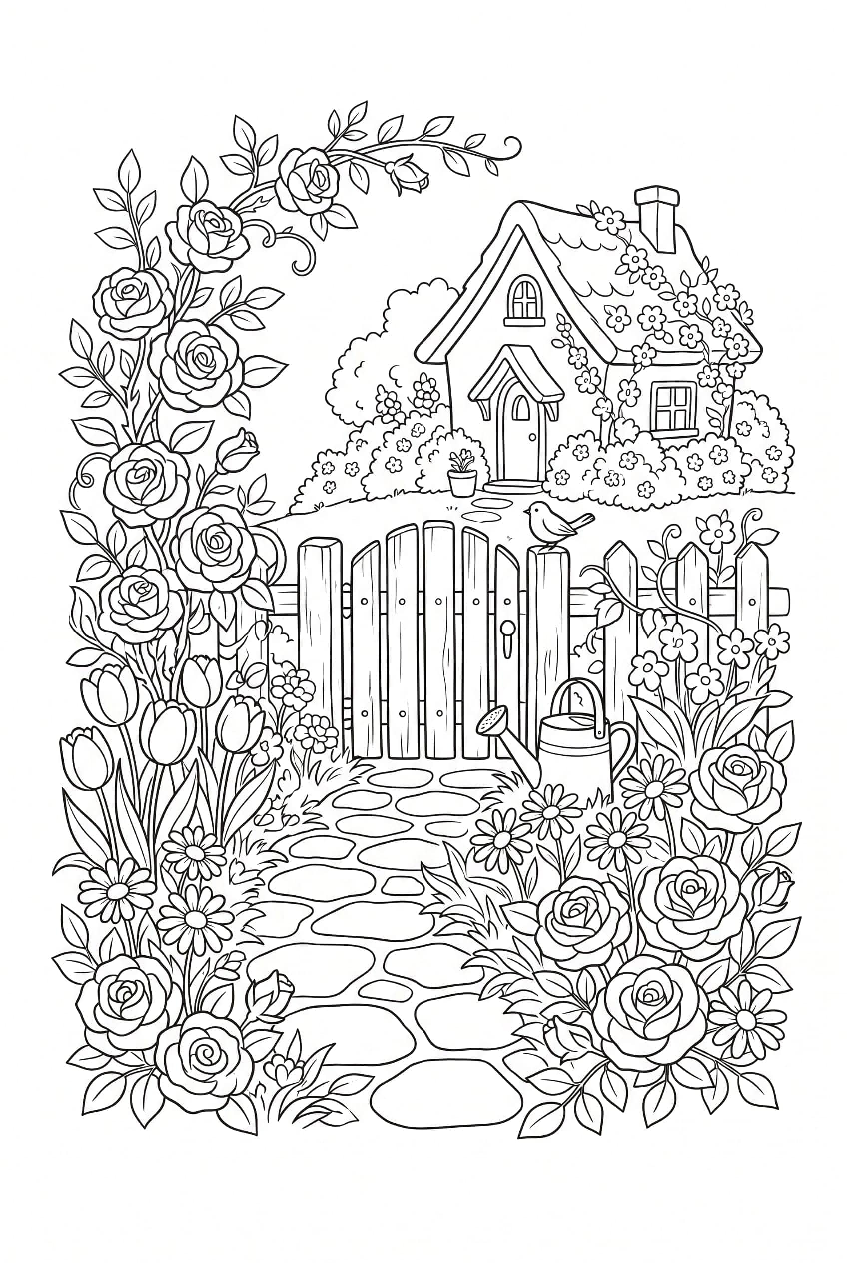 A cottage garden bursting with roses, tulips and daisies along a winding stone path with a wooden gate