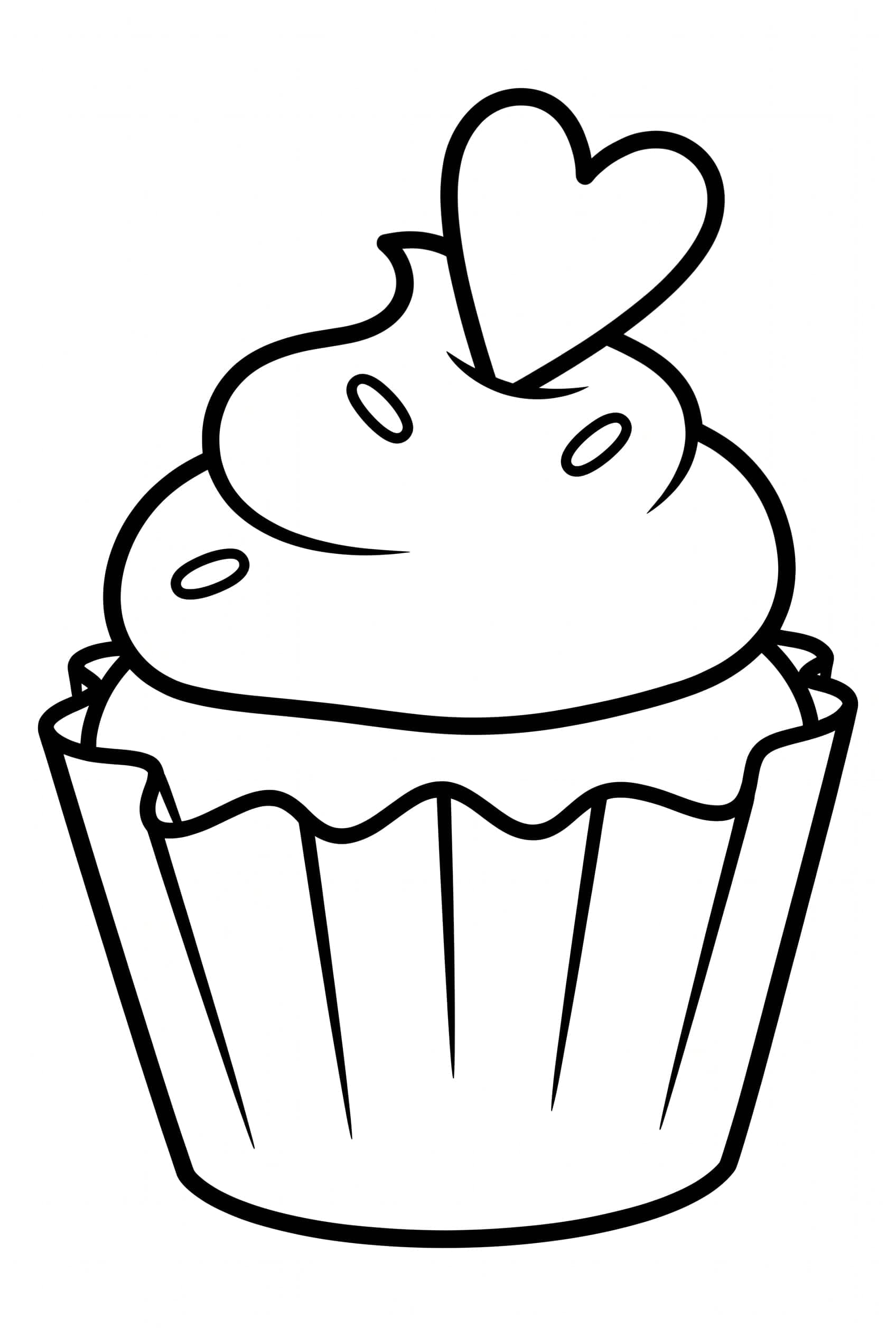 Ein Cupcake im gerillten Papierförmchen trägt eine Sahnelocke, darauf steht ein Herz aufrecht, daneben liegen zwei ovale Streusel.