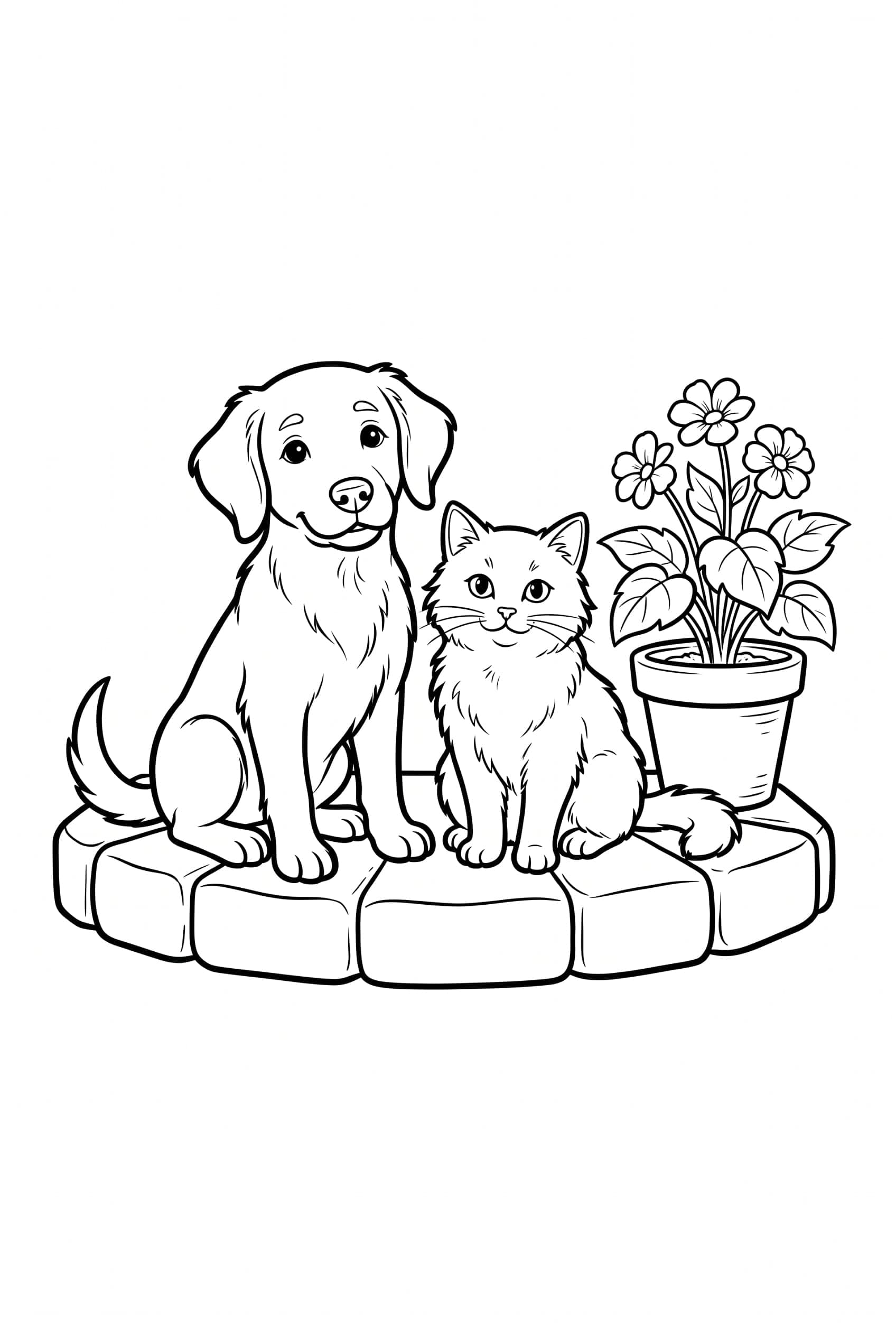Desenho para colorir de um cachorro e um gato sentados lado a lado num degrau baixo de pedra com um vaso ao lado