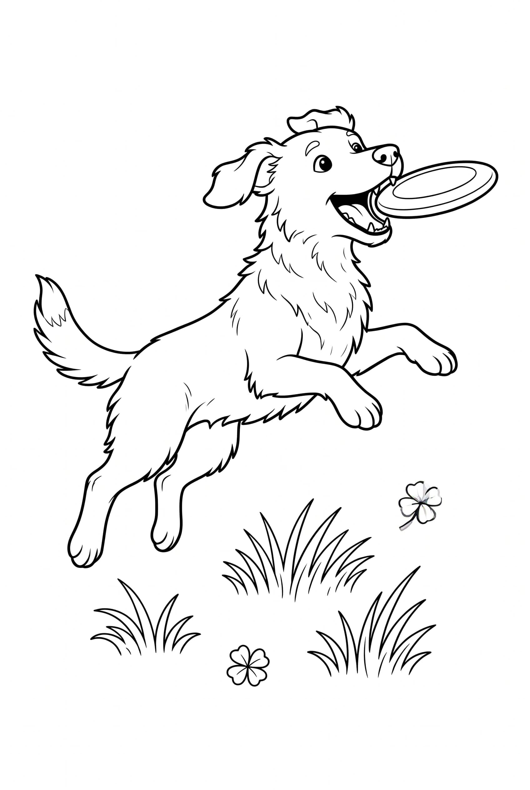 Ein Hund springt mit allen vier Pfoten vom Boden ab und fängt eine runde Wurfscheibe im Maul.