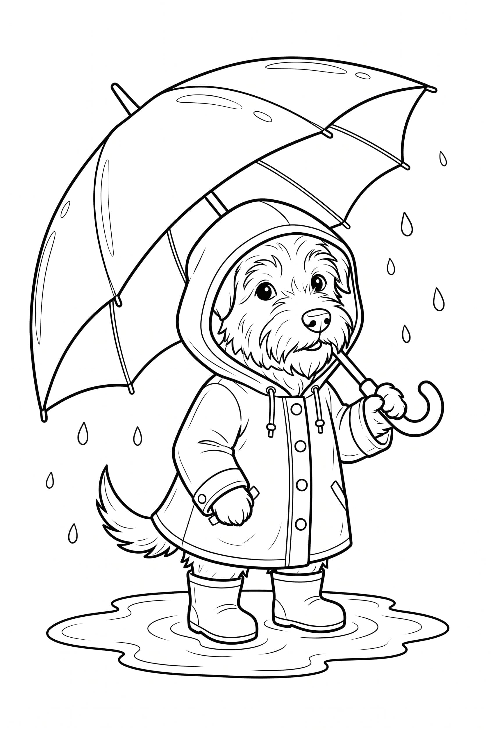 Ein Hund im geknöpften Regenmantel und in Stiefeln steht in einer Pfütze und hält einen aufgespannten Schirm.