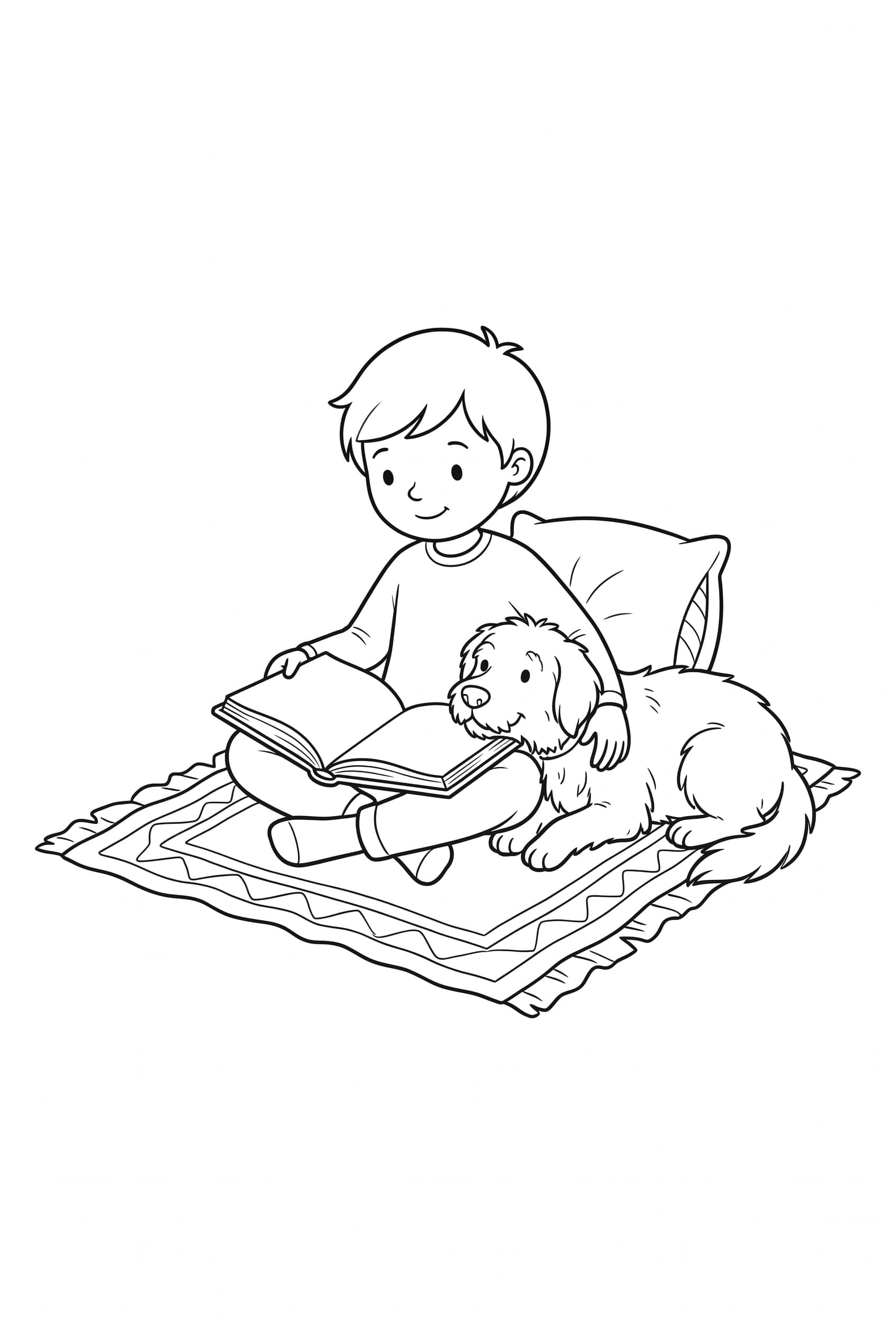 A child sitting cross-legged on a rug with an open book on their knees and a dog resting its chin on their leg