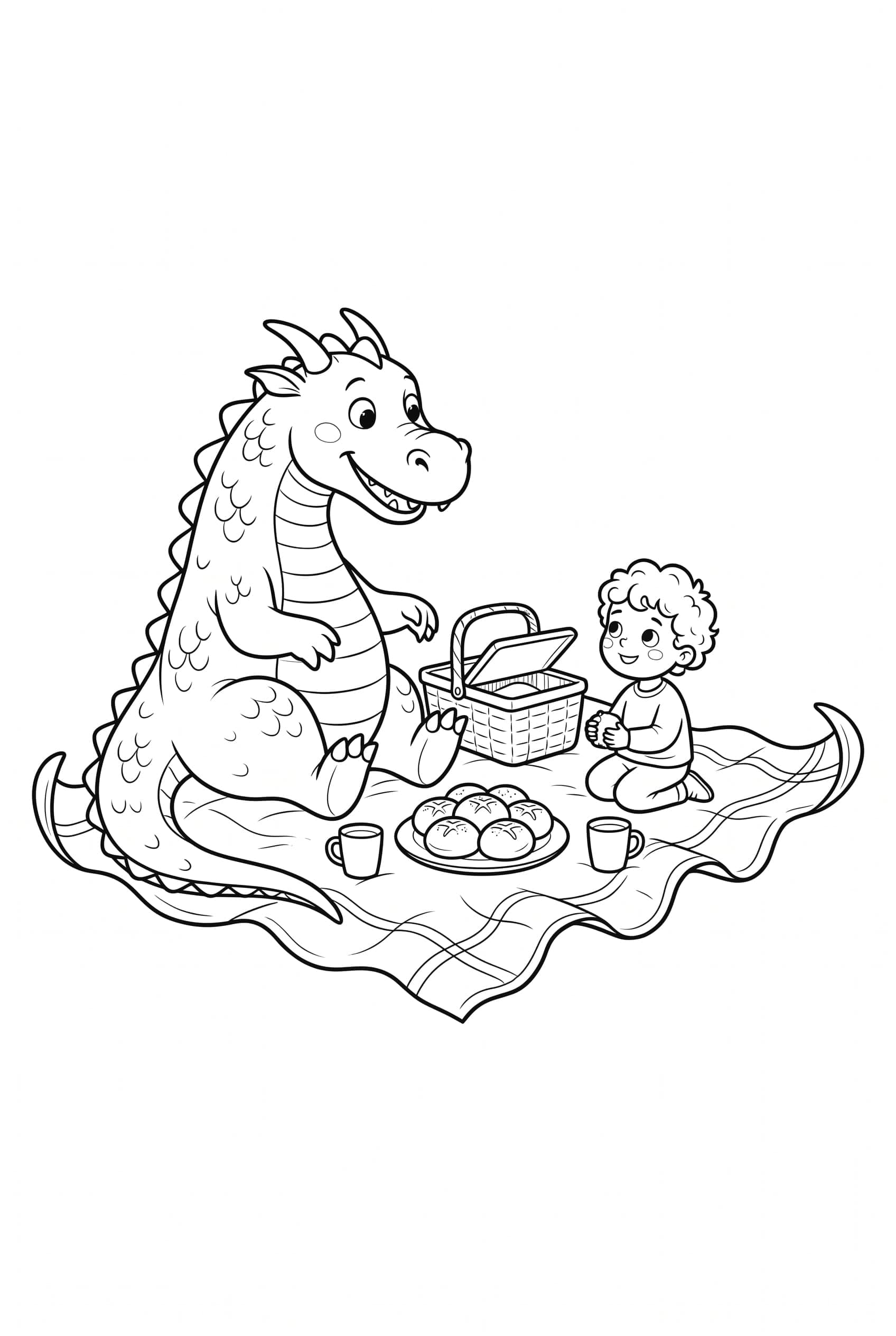 Ein großer freundlicher Drache und ein Kind sitzen an einer Picknickdecke mit Korb, zwei Bechern und einem Teller Brötchen.