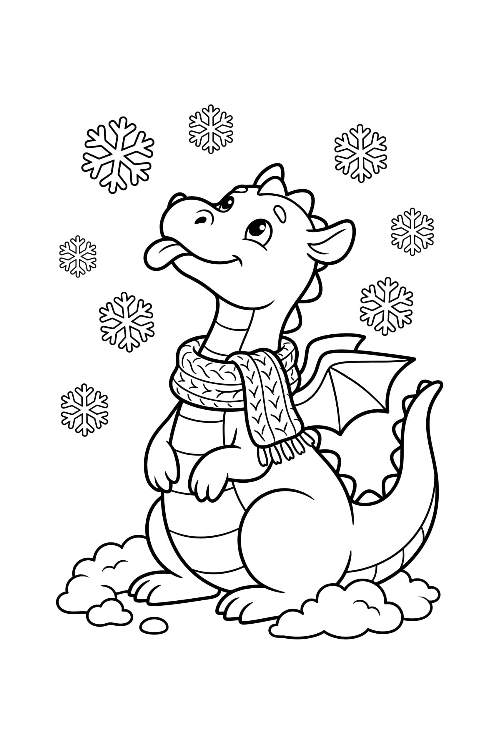 Ein Drache mit Strickschal legt den Kopf zurück und streckt die Zunge nach großen Schneeflocken aus.