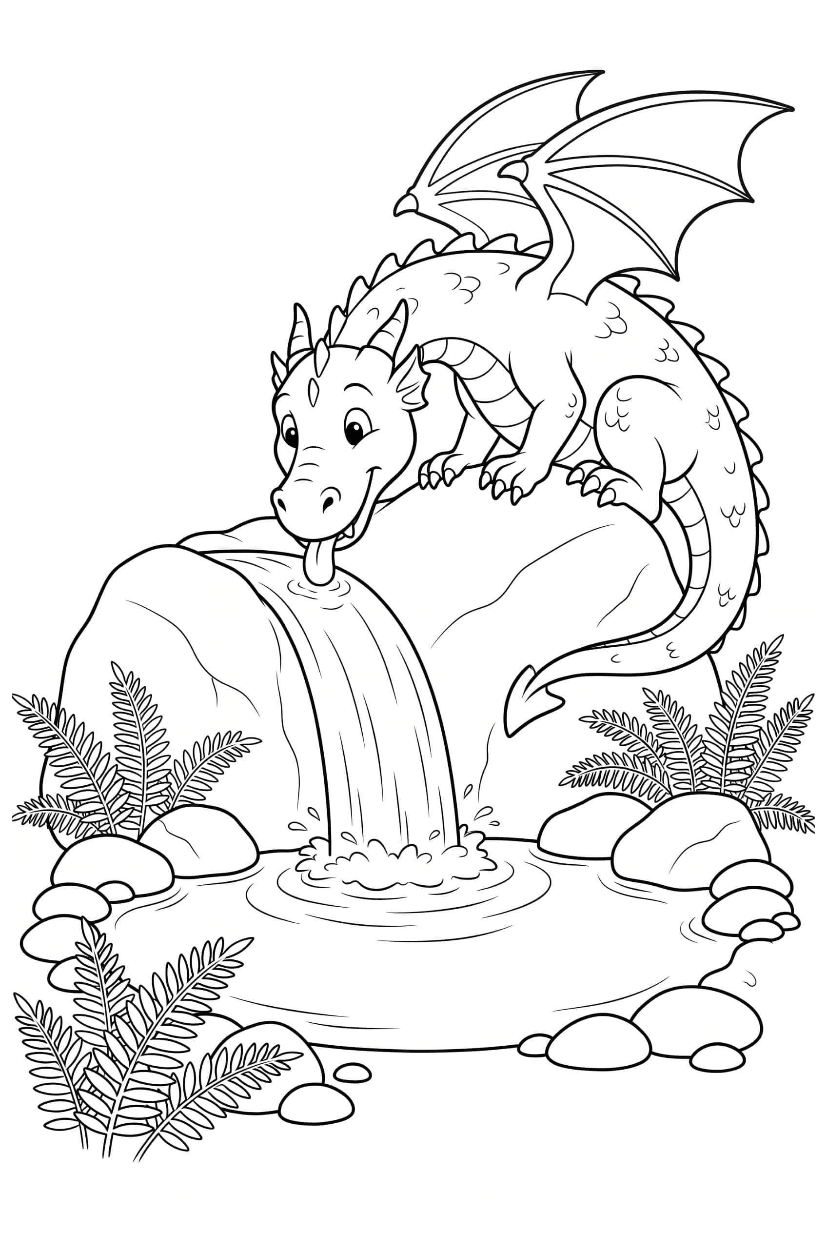 Ein Drache beugt sich zu einem kleinen Wasserfall hinunter, der über einen runden Felsen in einen Teich fällt.