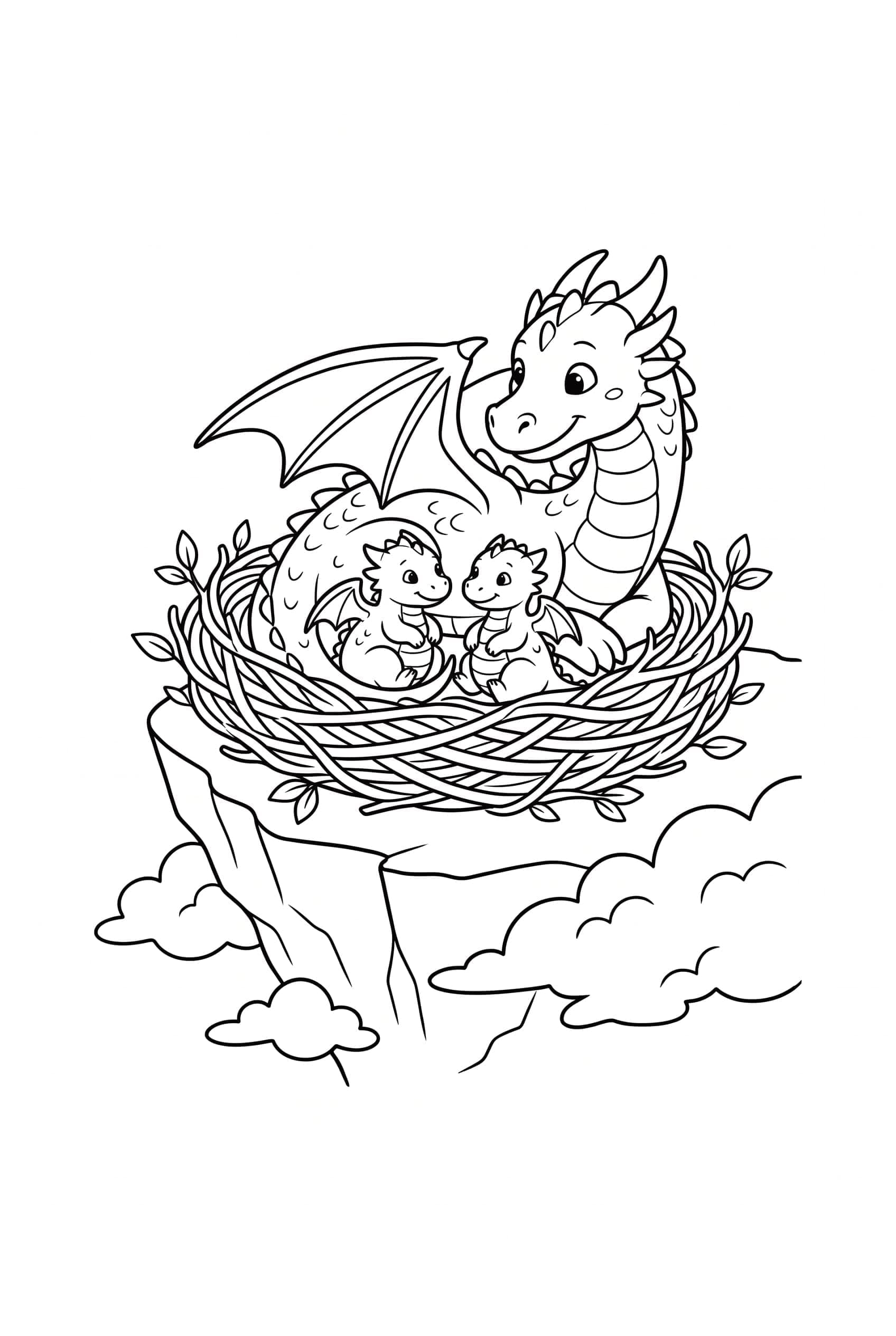 A mother dragon and two hatchlings resting in a nest on a high cliff ledge with clouds drifting below