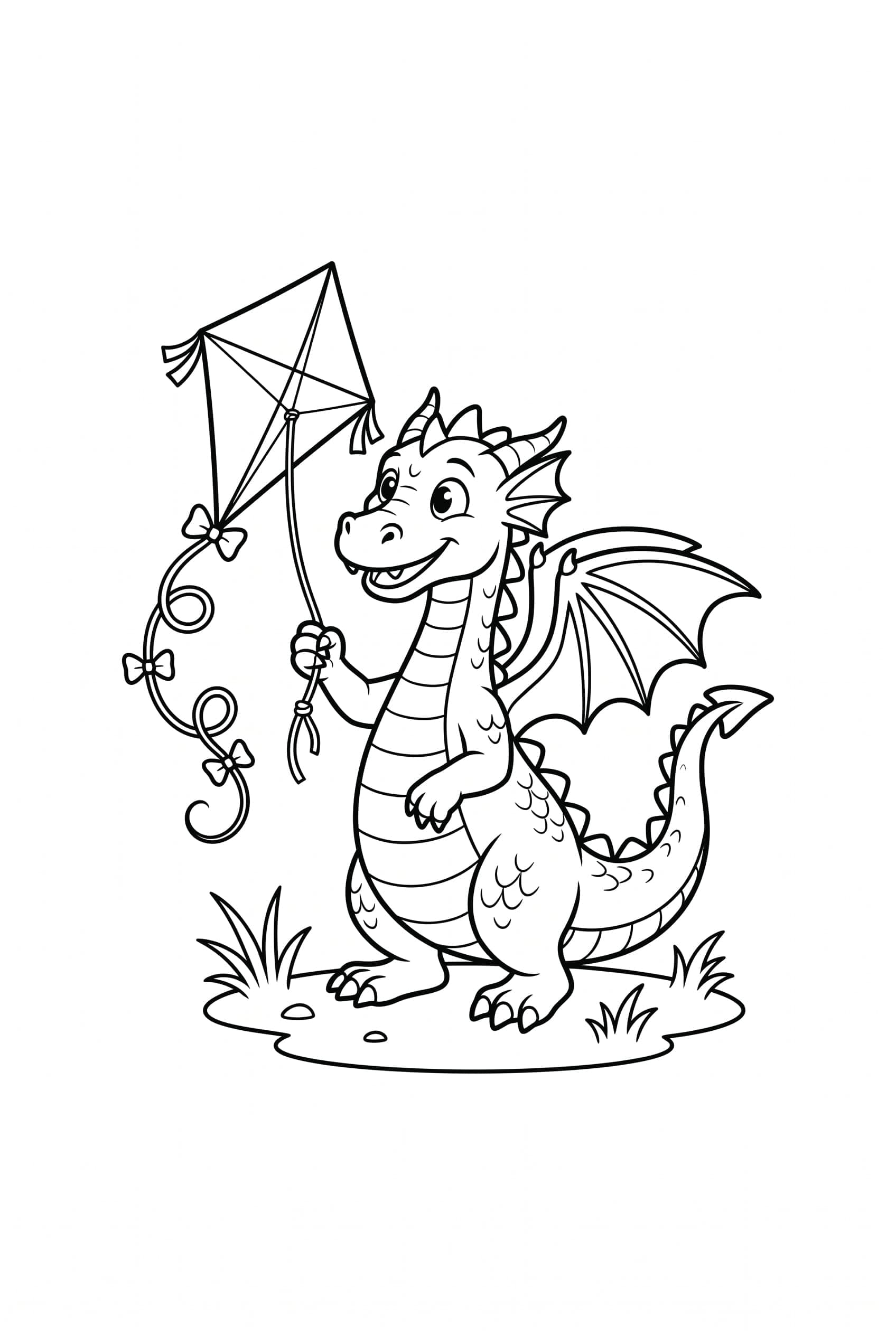 A dragon holding a diamond kite by a short string tied around one claw, the kite tilted just above its head