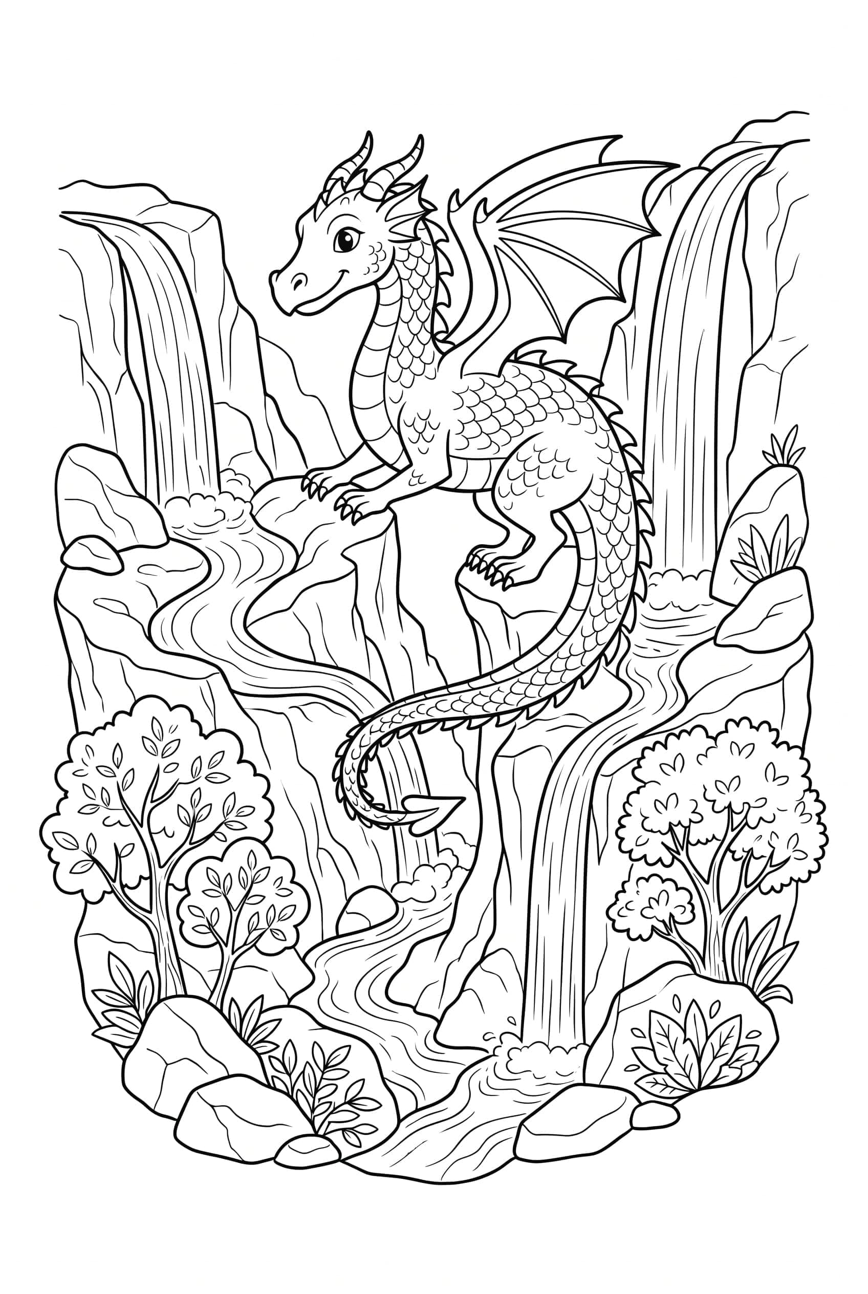 A dragon weaving through a narrow rocky canyon with waterfalls cascading down the cliffs on either side