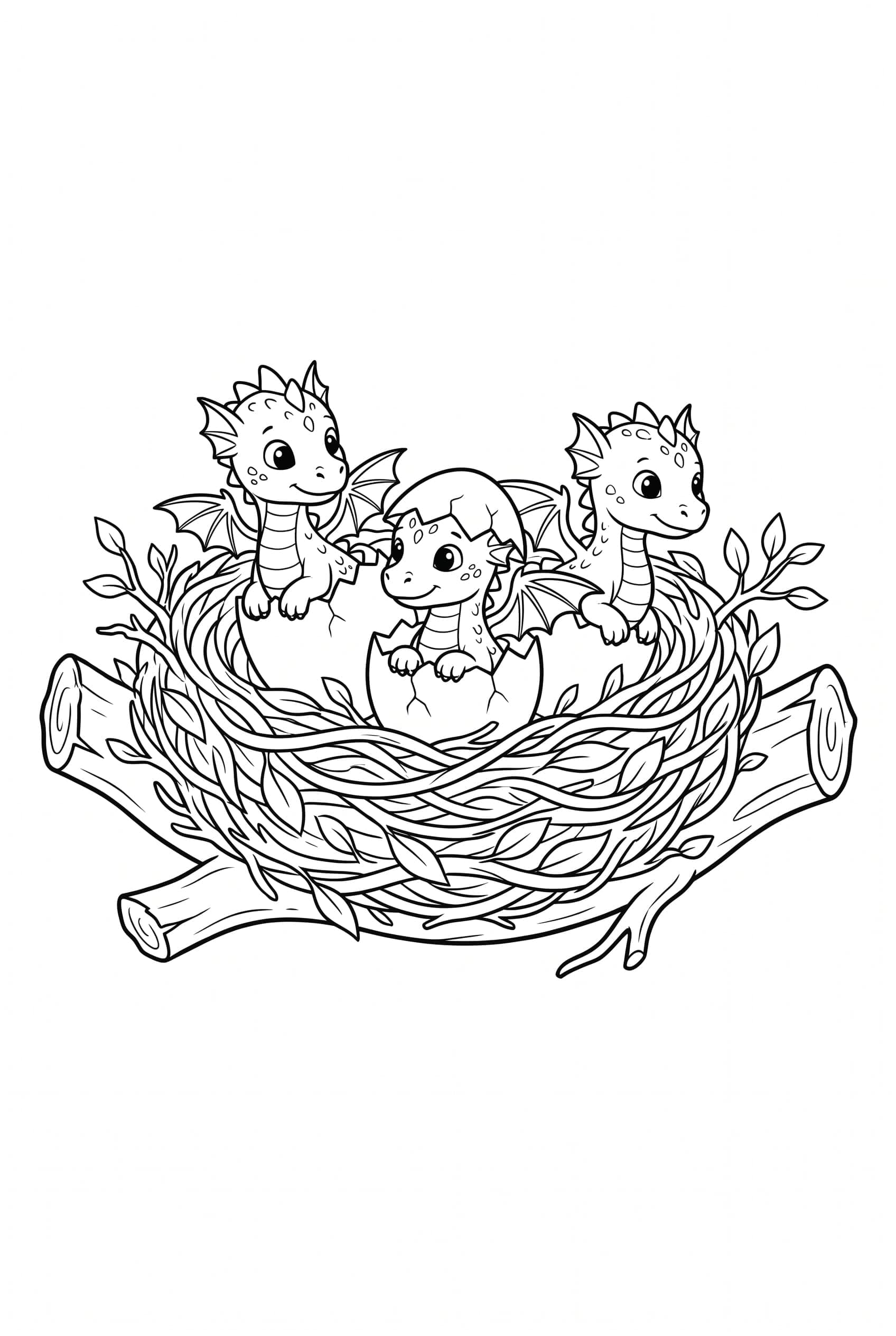 Drei winzige Drachenbabys lugen aus einem Nest aus Blättern und Zweigen, eines steckt noch in der Eierschale.