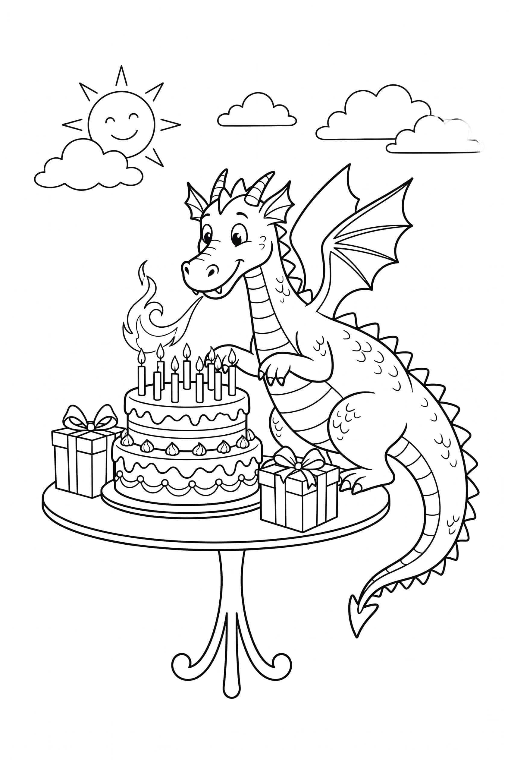 A dragon leaning over a round birthday cake and lighting its candles with a careful puff of flame, two parcels beside it